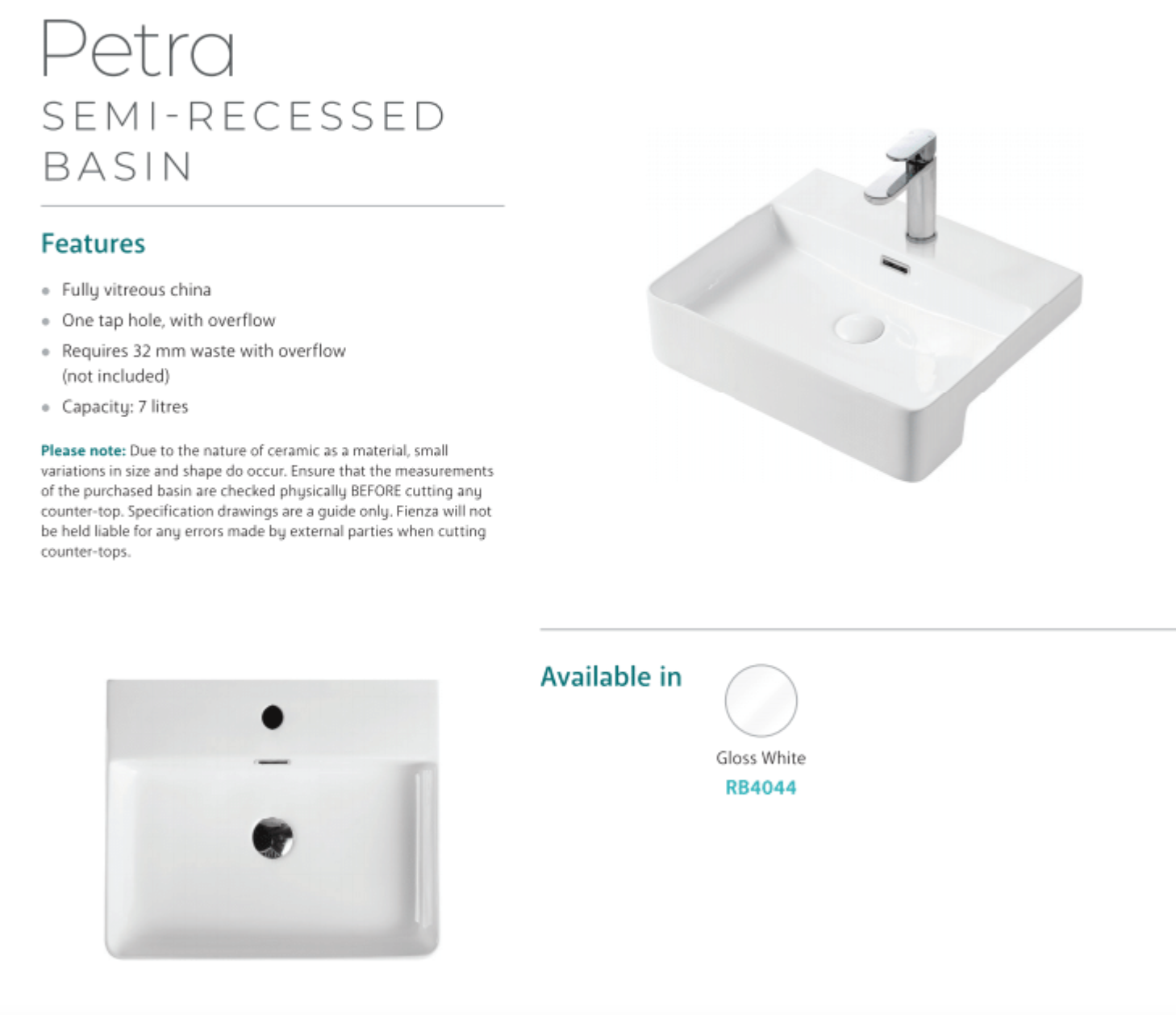 Fienza RB4044 Petra 1 Tap Hole Semi Recessed Bathroom Sink, White Porcelain - Perfect for Modern Vanities and Small Space Bathrooms