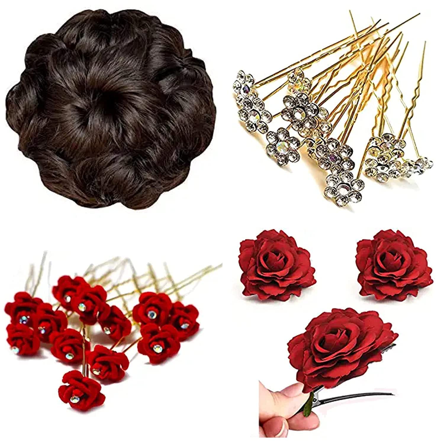 MOOLYAVAAN 12-Piece Silver Crystal Juda Hair Pins & 12 Rose Flower Hair Clips with Burgundy Velvet Bridal Hair Clip - Women's Hair Extensions & Accessories for Weddings, Parties & Special Occasions