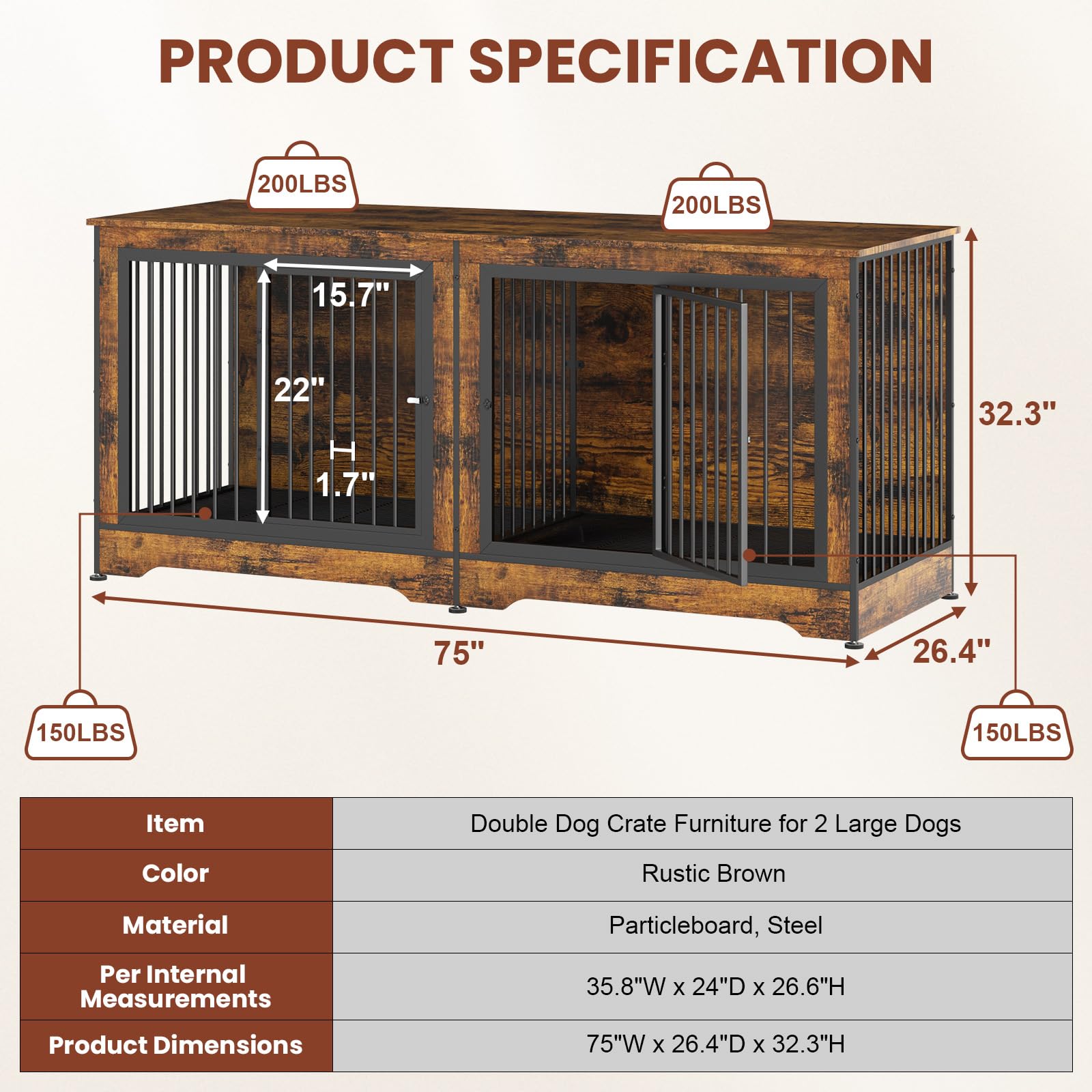 75 Inch 3-in-1 Double Dog Crate Furniture for 2 Large Dogs - Rustic Brown Durable TV Stand with Removable Trays & Divider - Perfect for Living Room, Bedroom or Home Office Pet Space