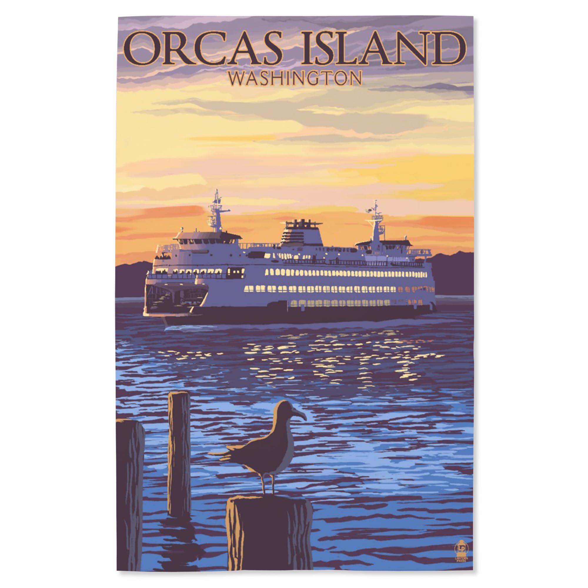 Lantern Press 16x24 Inch Giclee Art Print - Orcas Island Washington Sunset with Ferry and Seagull - Wall Decor for Living Room, Bedroom or Office
