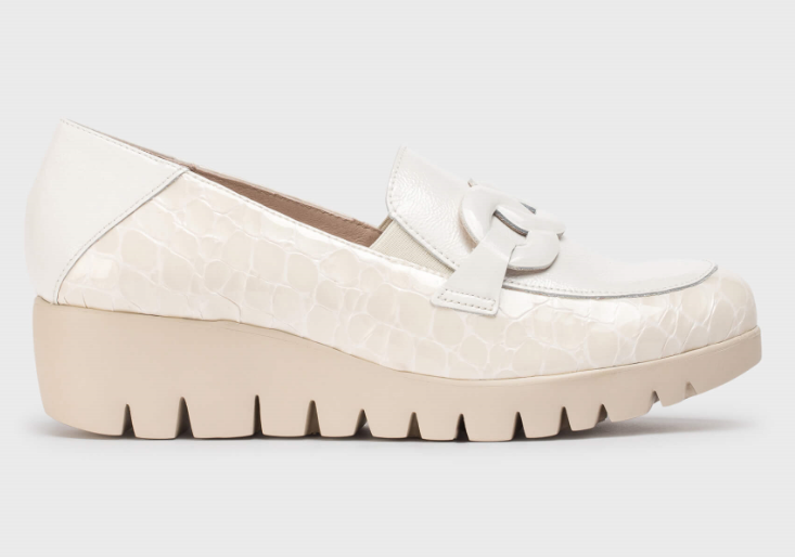 WONDERS C 33330 Women's Cream Patent Leather Wedge Loafers with Printed Design & Leather Buckle Detail - Stylish & Comfortable Shoes for Work, Office, and Casual Outfits