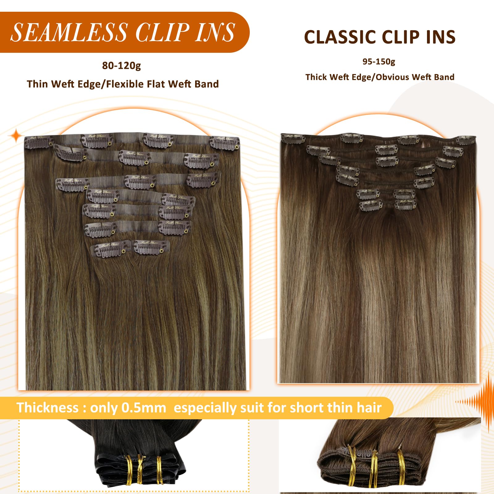 16 Inch Clip in Hair Extensions Human Hair - 8 Pcs Balayage Brown to Honey Blonde Ombre, Seamless & Invisible PU Clip On Extensions (120g) for Daily Wear, Parties & Special Occasions