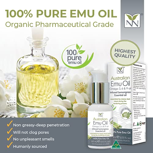 100% Pure Pharmaceutical Grade Emu Oil with Lemongrass Essential Oil - 60ml Bottle for Skin Care, Hair Growth & Pain Relief - Natural Moisturizer for Dry Skin, Eczema & Joint Pain
