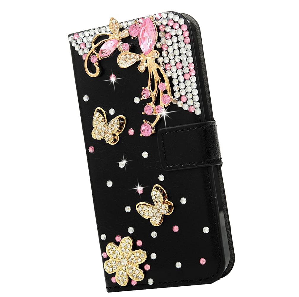 Sparkly 3D Handmade Butterfly Crystal Wallet Phone Case for iPhone 13 Pro Max - Black Glitter Bling Leather Cover with Screen Protector (2 Pack) - Perfect for Parties, Weddings & Everyday Luxury