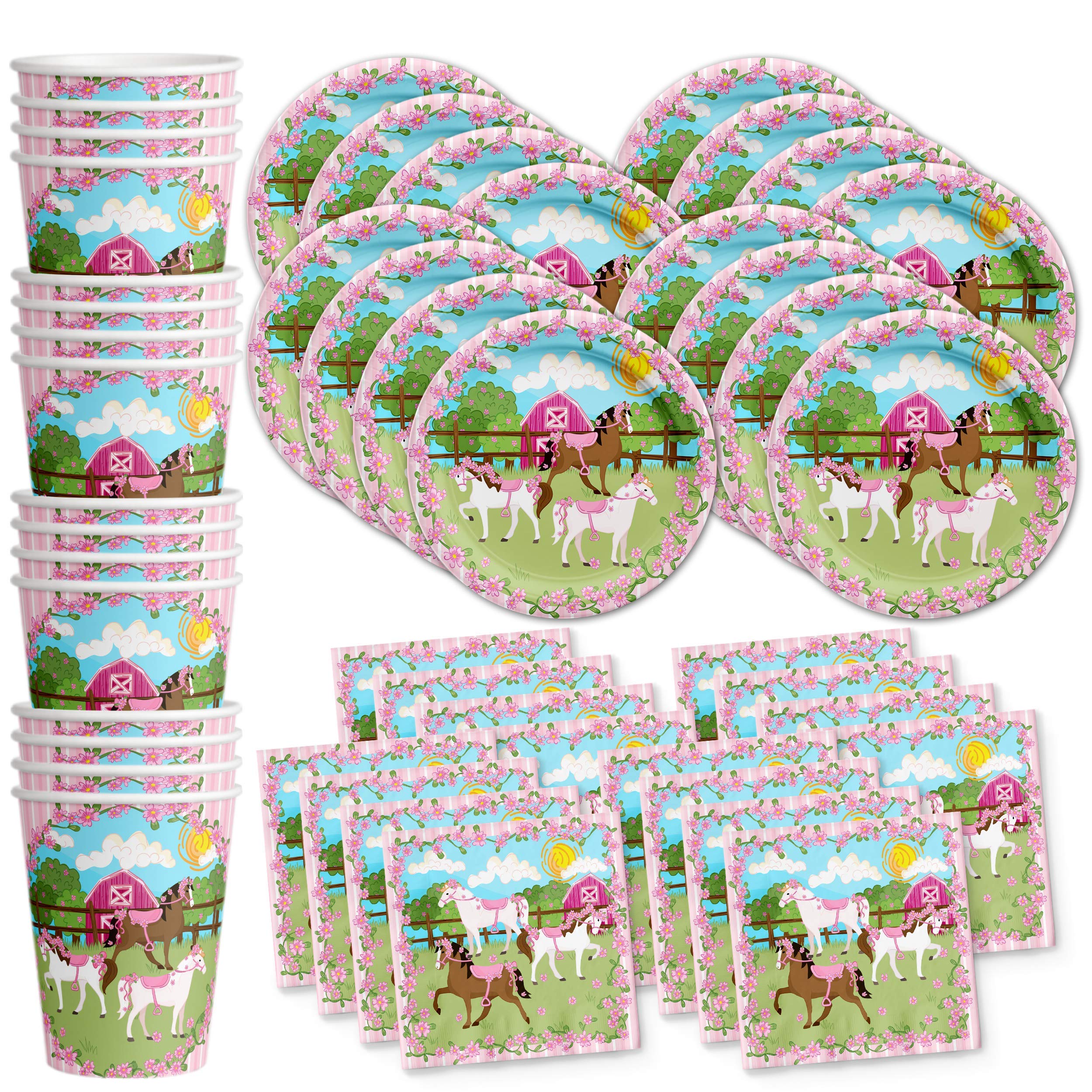 Pink Horse Birthday Party Supplies Set - 16-Piece Tableware Kit with Plates, Napkins & Cups for Kids' Themed Party Decorations