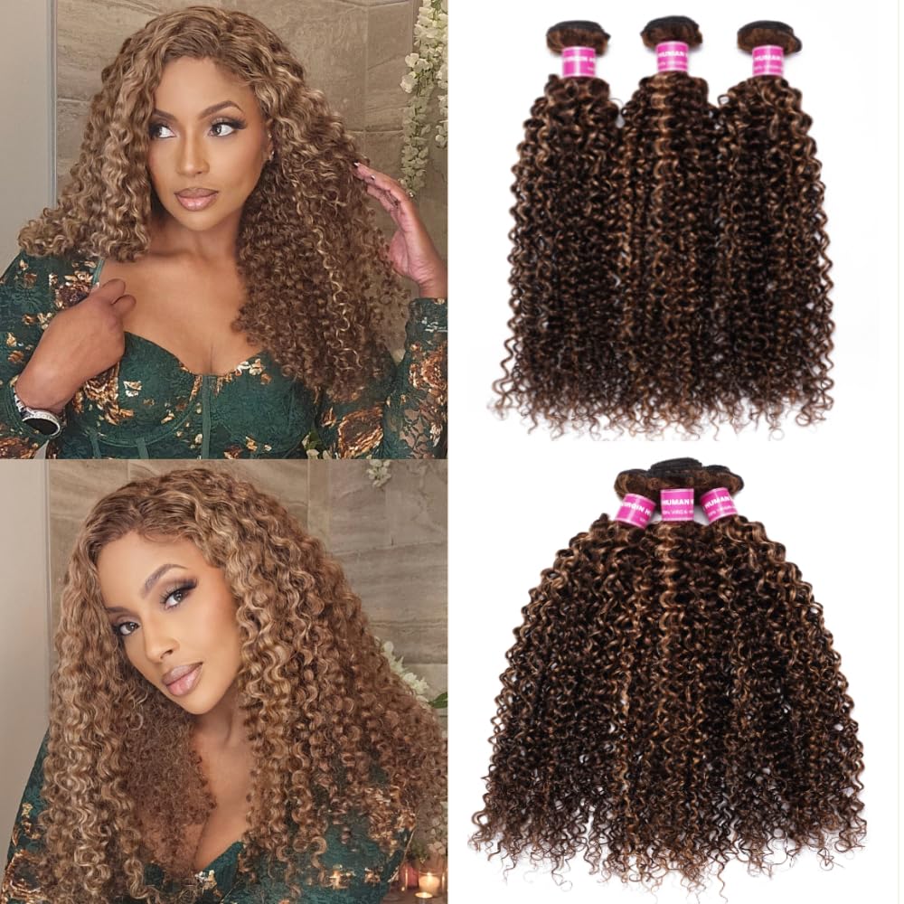 Julia Hair 12A Brazilian Curly Human Hair Extensions - Honey Blonde Highlight Weave Bundles (16/18/20 Inch) for Sew-in | Natural Looking Hair Extensions for Parties, Weddings & Daily Styling