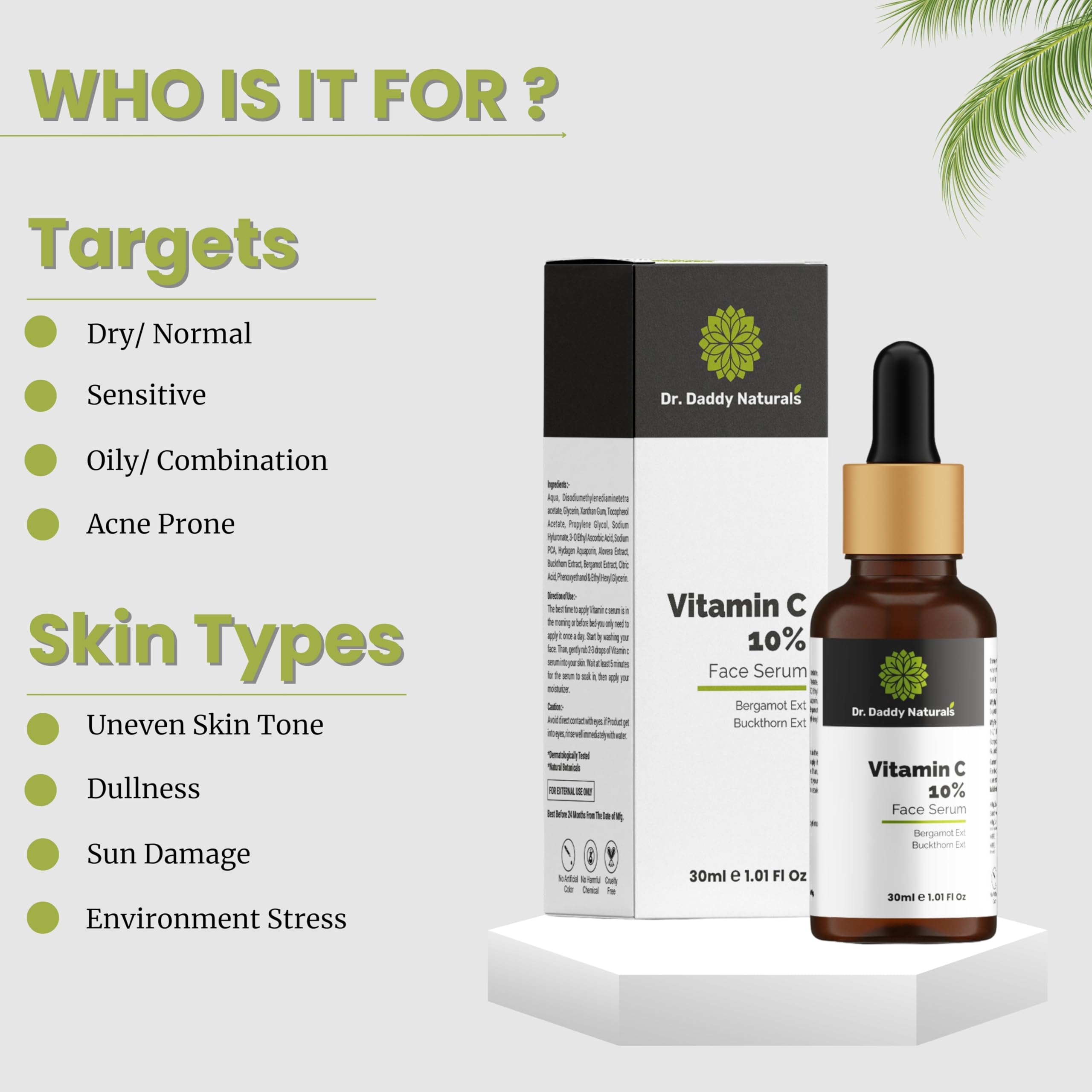 Dr. Daddy Naturals Vitamin C Face Serum with Hyaluronic Acid & Bergamot Extract - Skin Brightening Serum for Hyperpigmentation, Dark Spots & Wrinkles - Fragrance Free, 30ml - Perfect for Daily Skincare Routine & Nighttime Repair