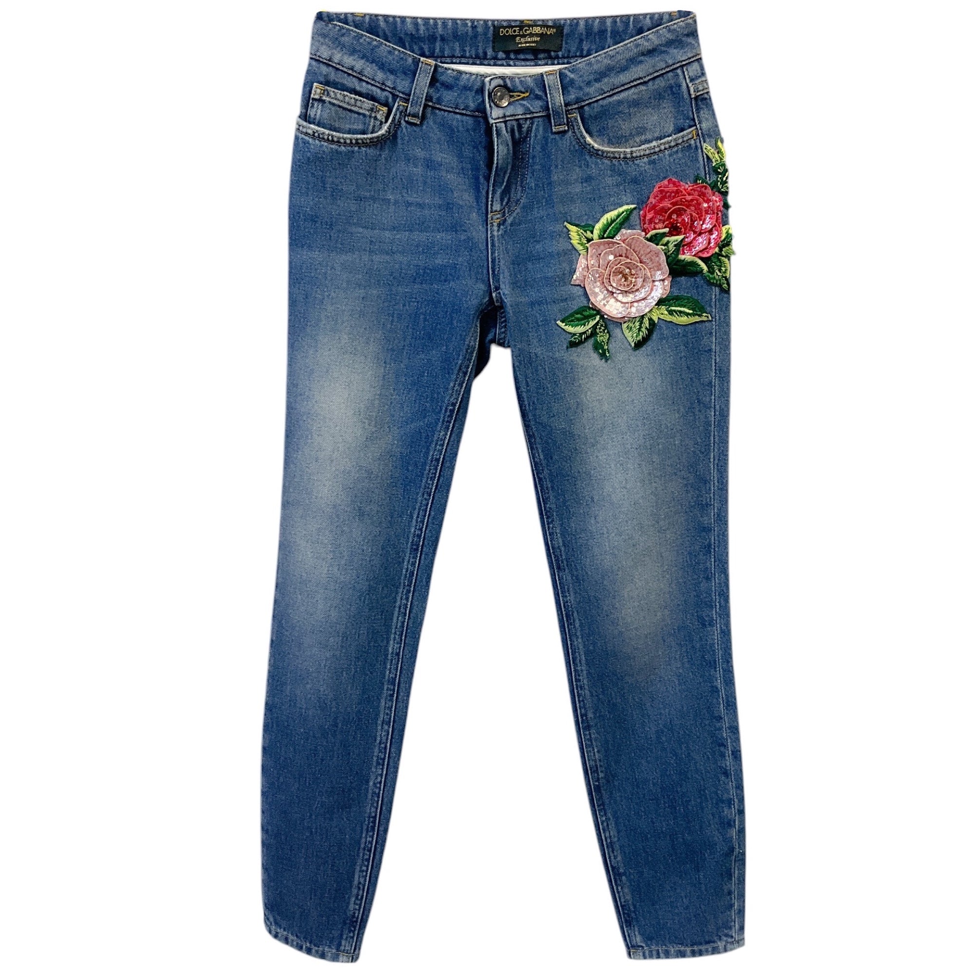 Dolce & Gabbana Exclusive Blue Multi Floral Embroidered Jeans for Women | Designer Denim Pants with Floral Pattern | Perfect for Casual Wear, Date Nights & Fashion Events