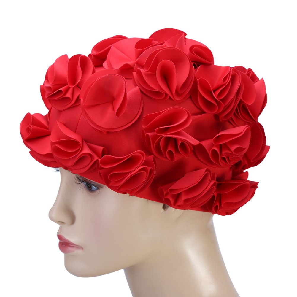 Women's Retro Floral Swim Cap for Long Hair - Elastic Bathing Hat for Adults & Kids - Red - Perfect for Swimming, Beach, and Water Aerobics