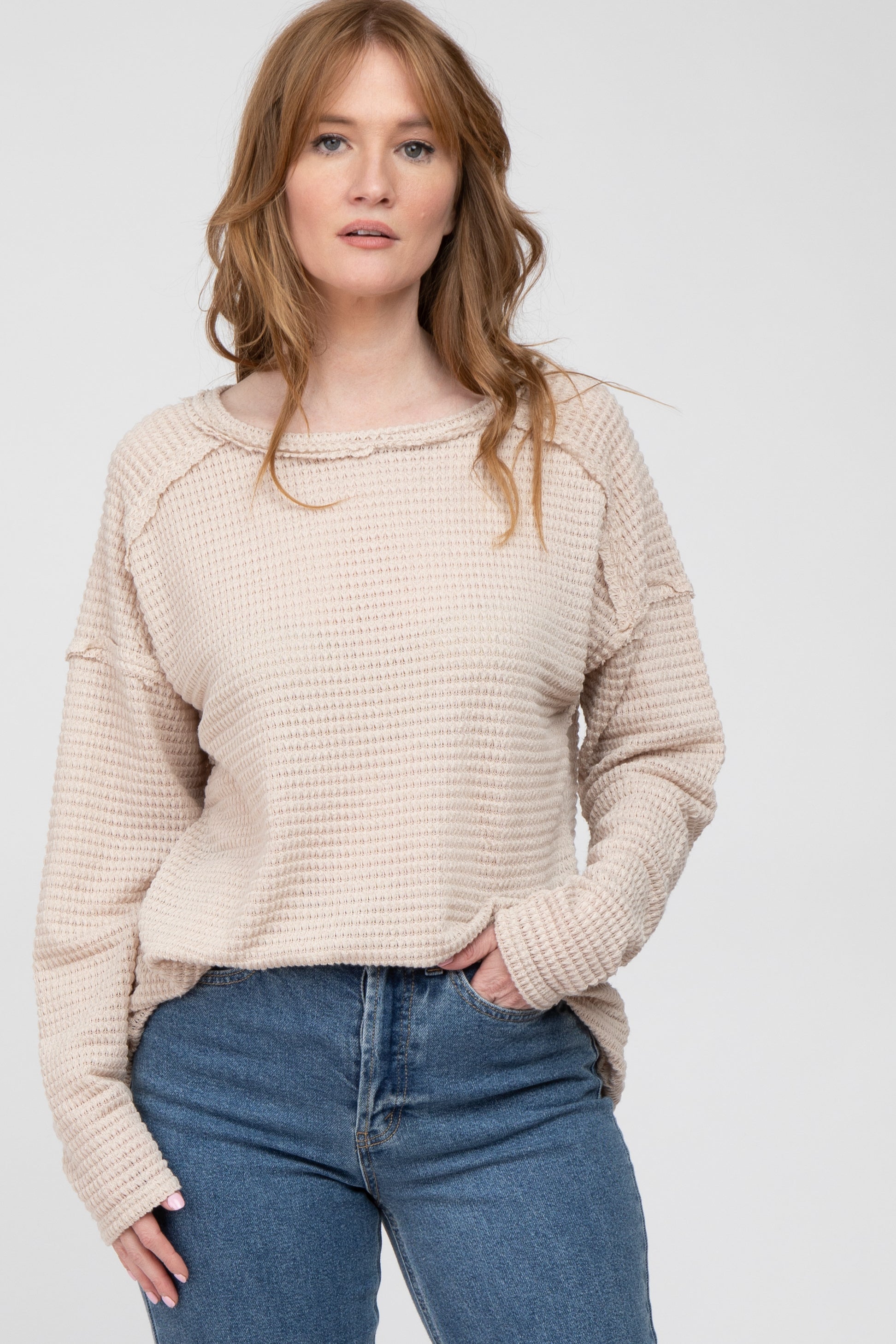 Beige Maternity Long Sleeve Top - Soft Stretch Nursing Shirt for Pregnant Women | Comfortable Pregnancy Clothes for Work, Casual & Breastfeeding