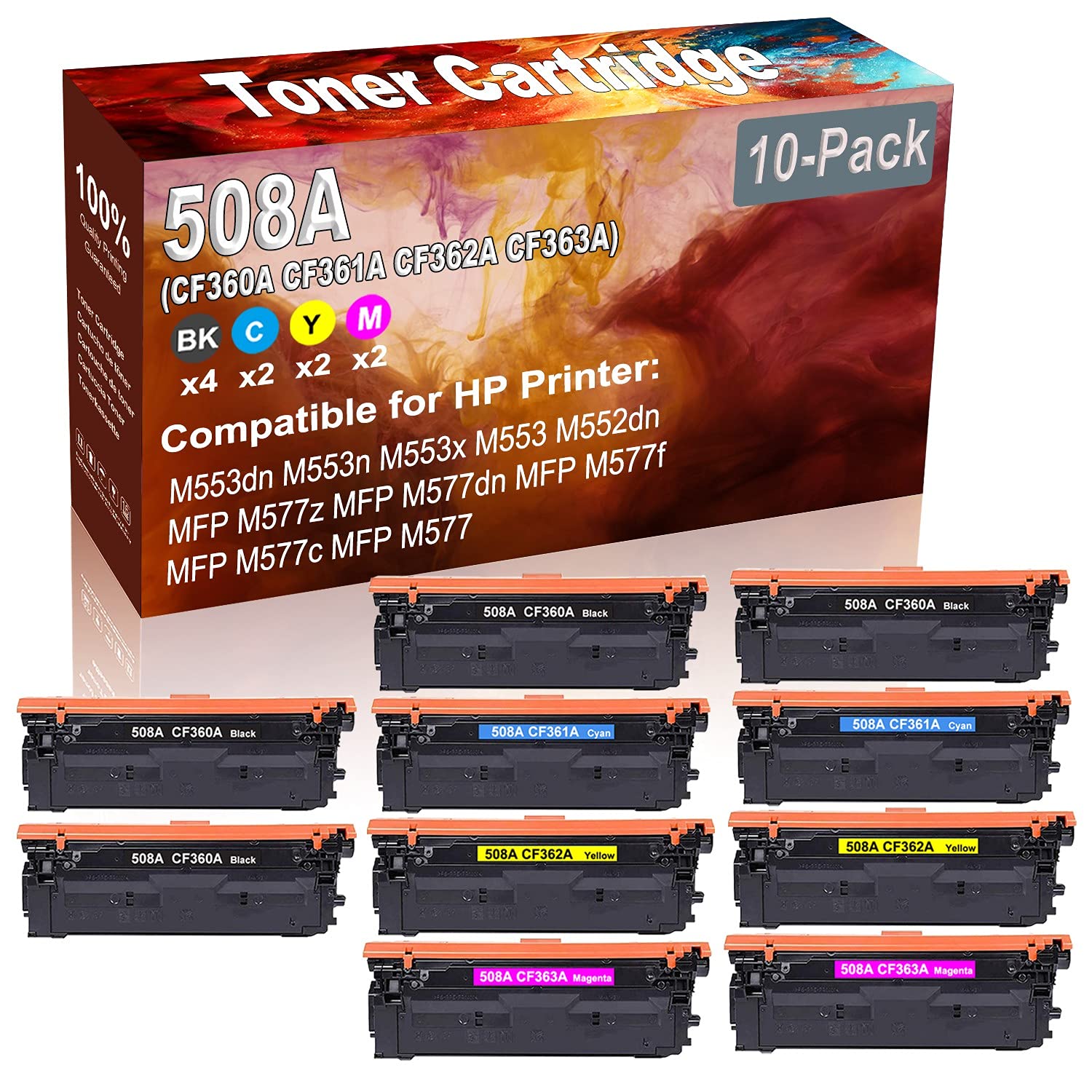 10-Pack (4BK+2C+2Y+2M) High Capacity Compatible Toner Cartridge for HP M553dn/M553n/M553x Laser Printers - Replacement for HP 508A (CF360A/CF361A/CF362A/CF363A) - Perfect for Office & Home Printing Needs