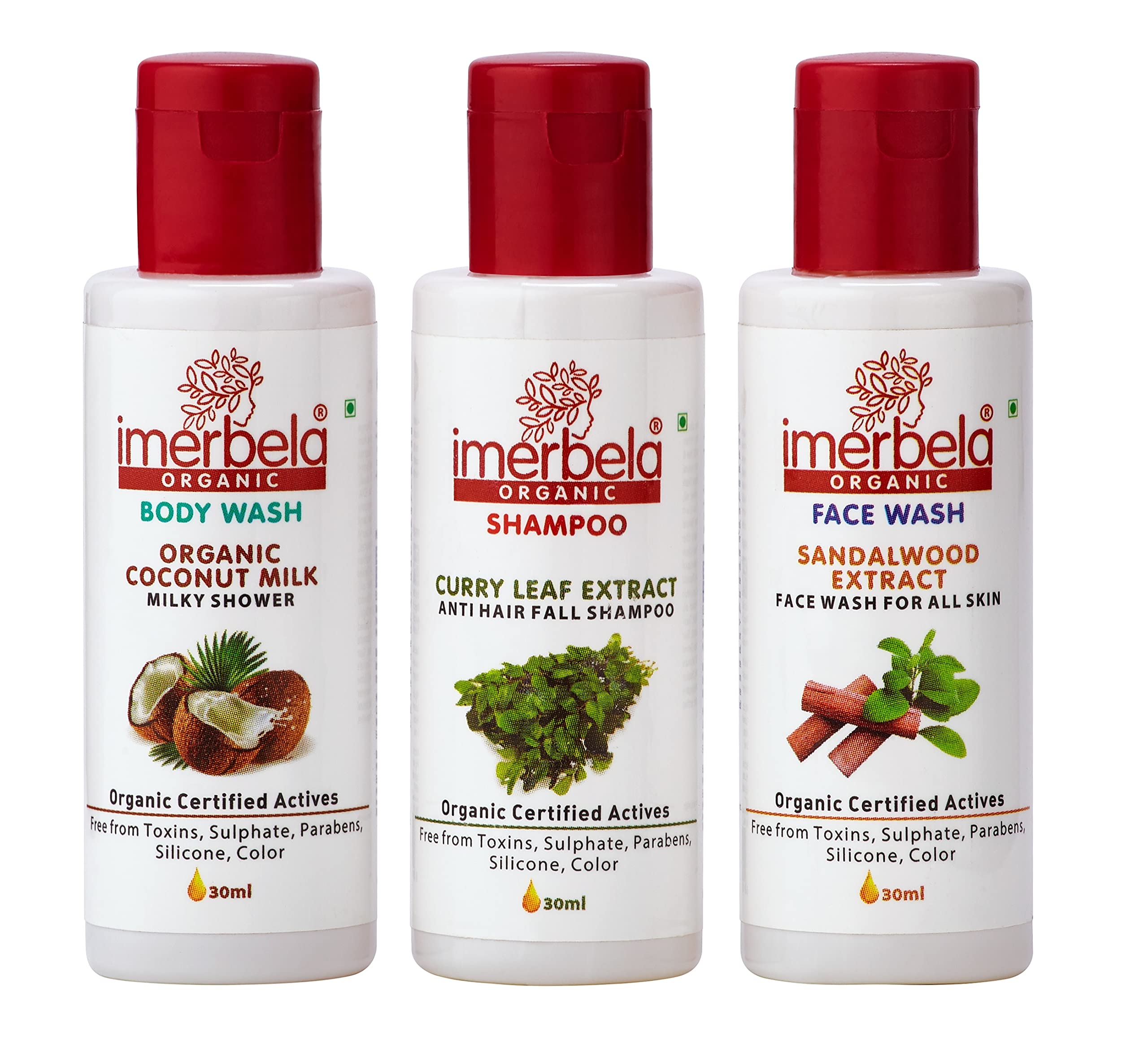 Imerbela Organic Combo Pack - Anti Hair Fall Shampoo with Curry Leaves, Sandalwood Face Wash for All Skin Types & Coconut Body Wash (30ml Each) - Perfect for Travel, Gifts & Daily Skincare Routine