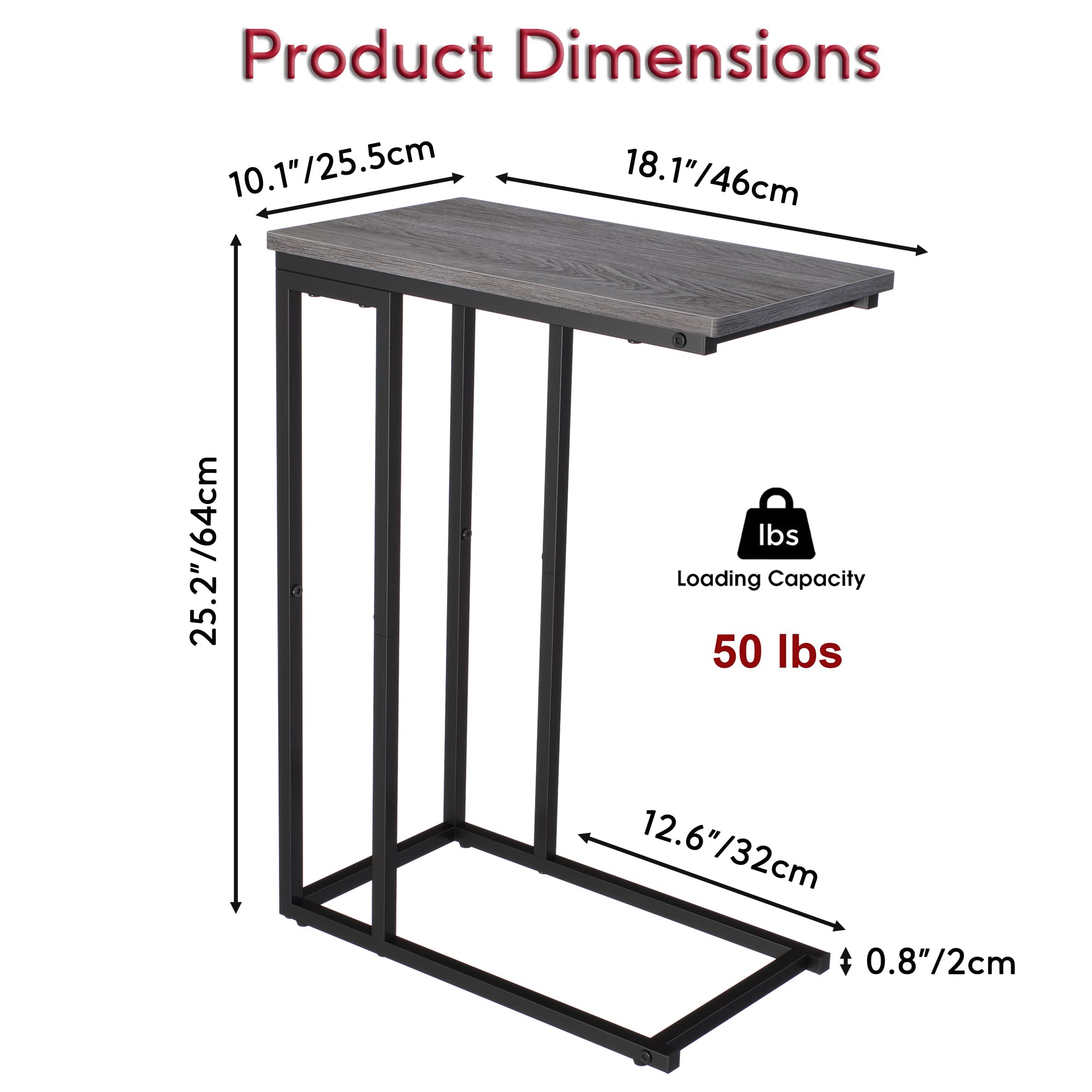 Slim Narrow C-Shaped End Table for Sofa & Bed - Slide Under Furniture, Small Space-Saving Side Table for Living Room, Bedroom, Office - Easy Assembly Grey - Perfect for Coffee, Laptop, Snacks & Reading