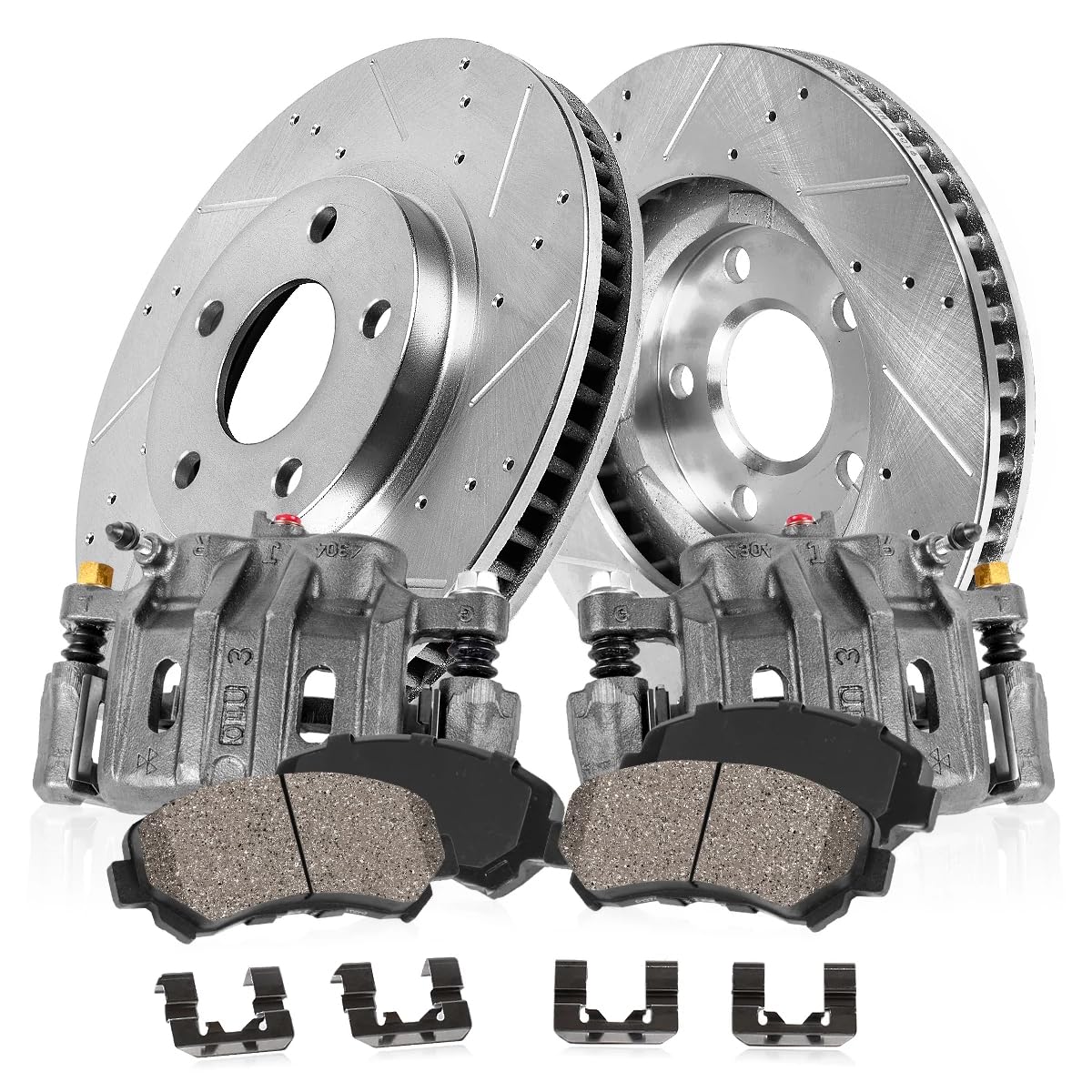 Callahan Front Brake Calipers & Drilled Slotted Rotors + Ceramic Pads Kit for 1999-2006 Jeep Wrangler TJ - Complete Brake System Upgrade for Off-Road & Daily Driving