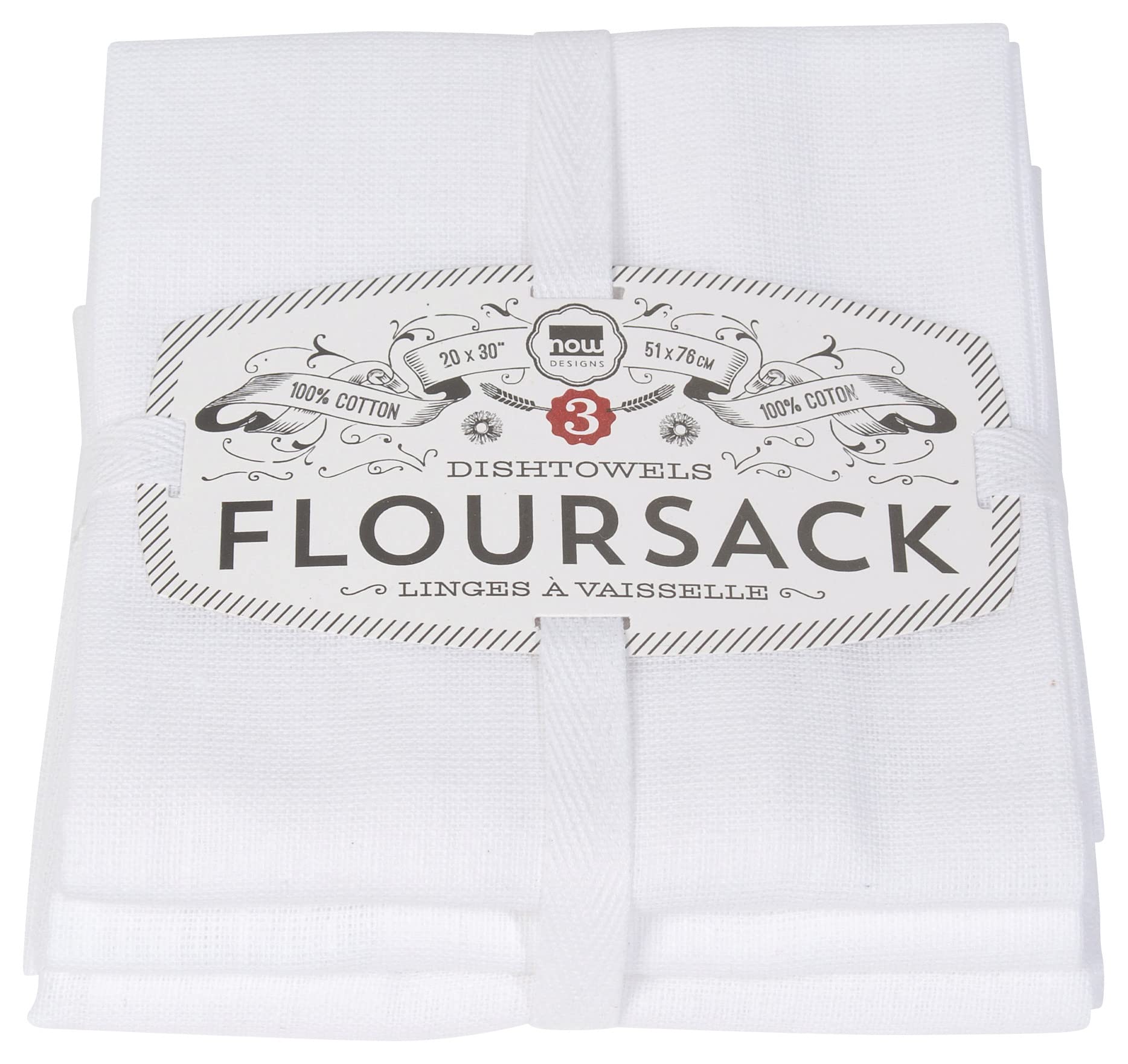 Premium Now Designs Floursack Kitchen Dish Towels - Soft & Absorbent White Cotton Towels (3-Pack) - Perfect for Drying Dishes, Cleaning Countertops & Everyday Kitchen Use