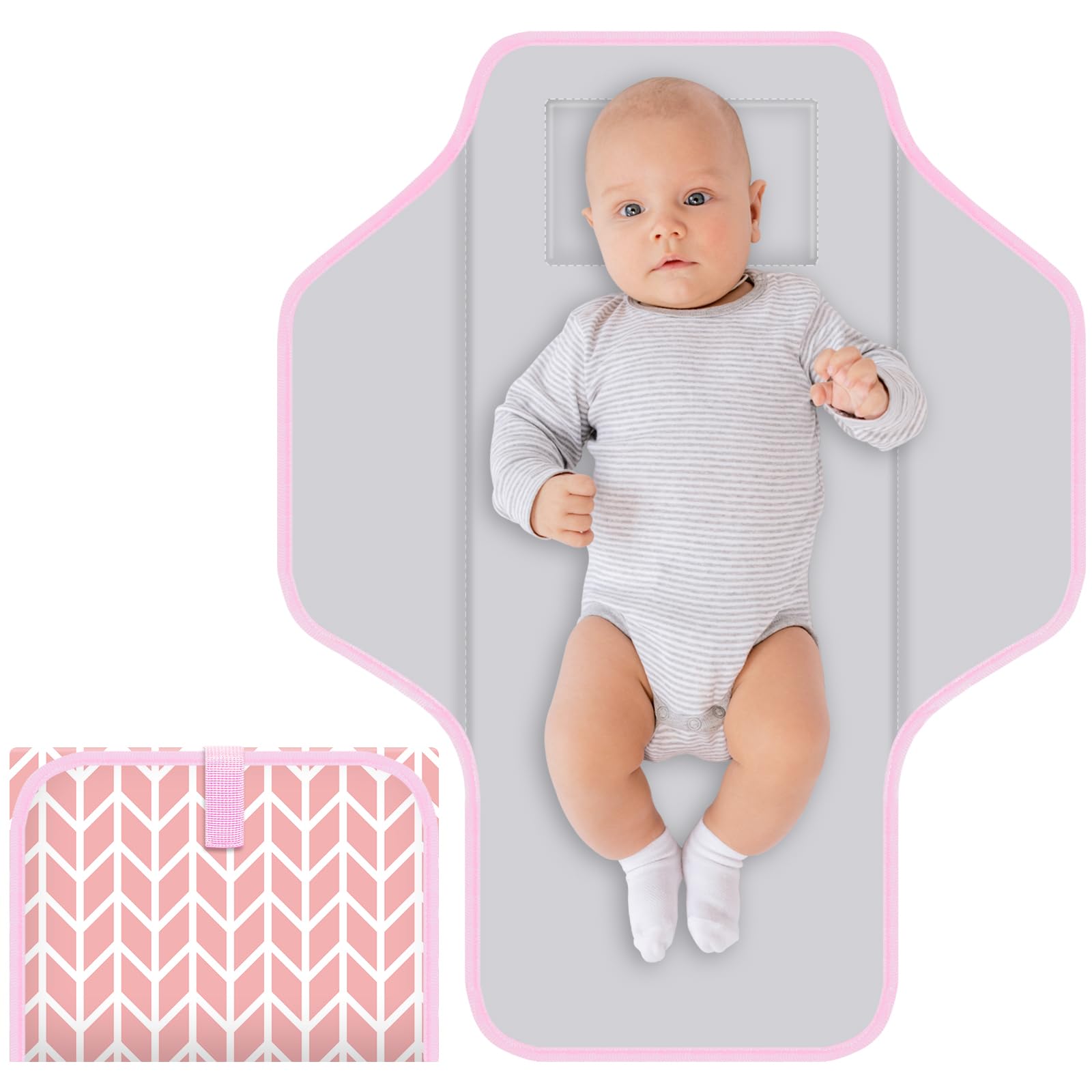 Portable Baby Diaper Changing Pad - Foldable Travel Changing Mat with Built-in Pillow, Waterproof & Compact for Newborns - Ideal for Nursery, On-the-Go & Baby Showers (Pink Stripe)