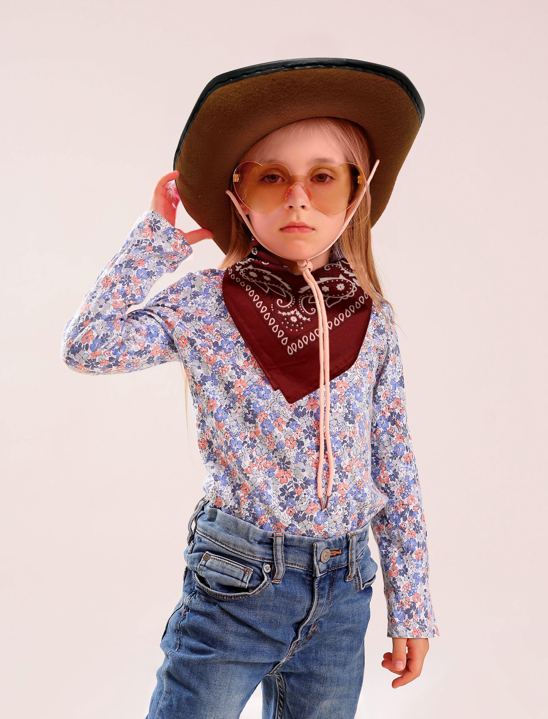 Brown Cowgirl Hat for Girls - Western Cowboy Hat with Heart-Shaped Bandana & Sunglasses - Perfect for Birthday Parties, Rodeo Events, and Country-Themed Outfits