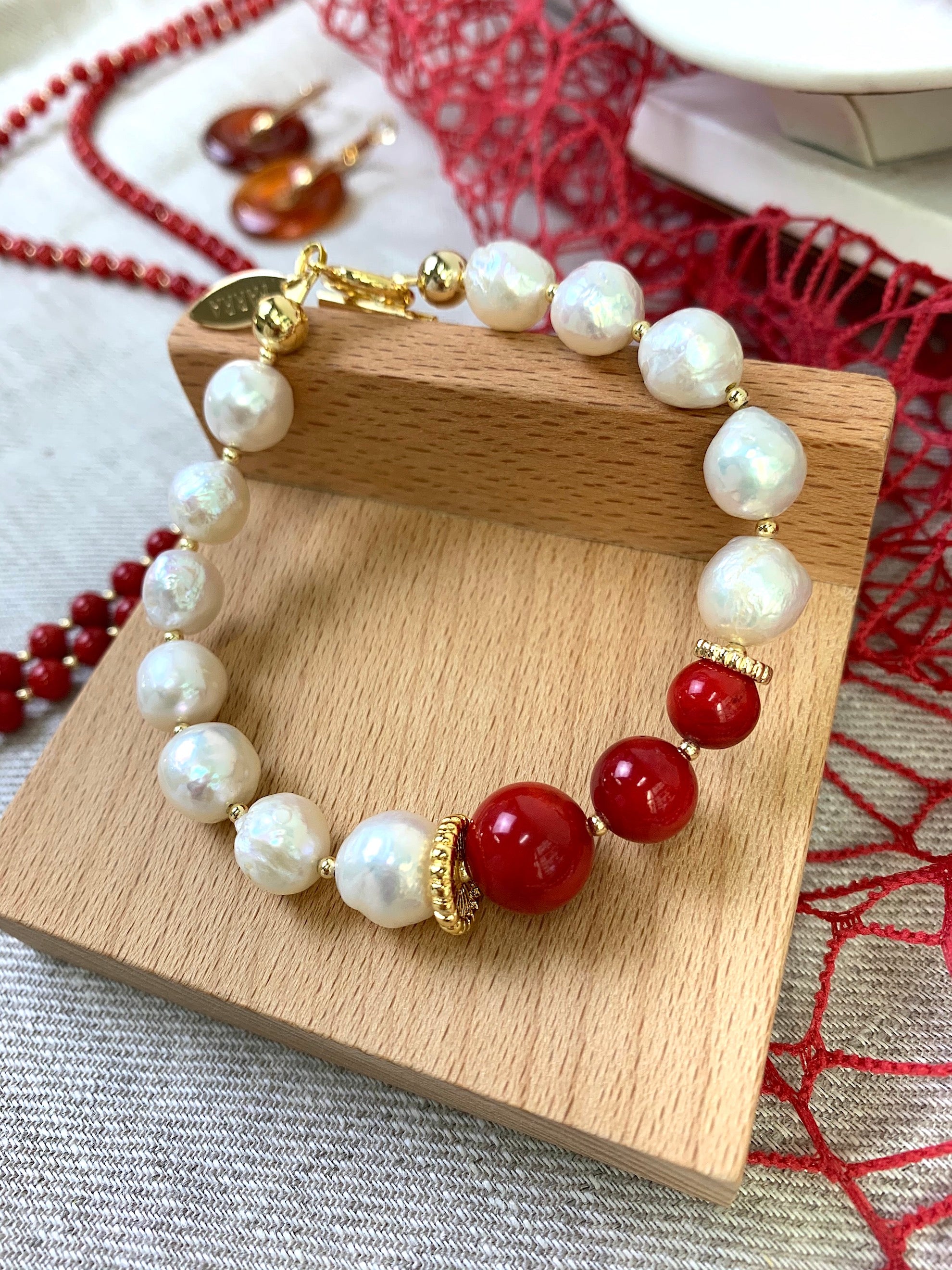 Handmade Freshwater Pearl & Red Coral Beaded Bracelet EB005 - Elegant Jewelry for Women, Perfect for Weddings, Parties & Gifts