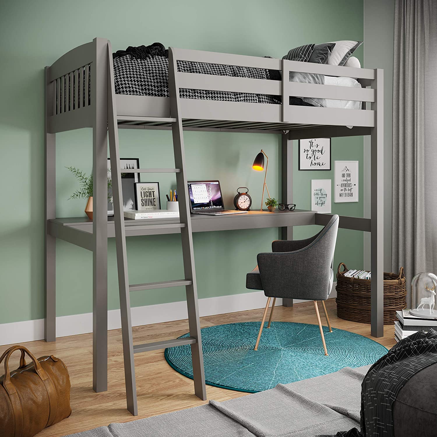 **Yes4Wood Everest High Loft Wooden Bed with Built-in Desk – 100% Elliotis Pine, No Box Spring Needed – Twin Size, Grey – Perfect for Small Spaces, Dorm Rooms & Studio Apartments**