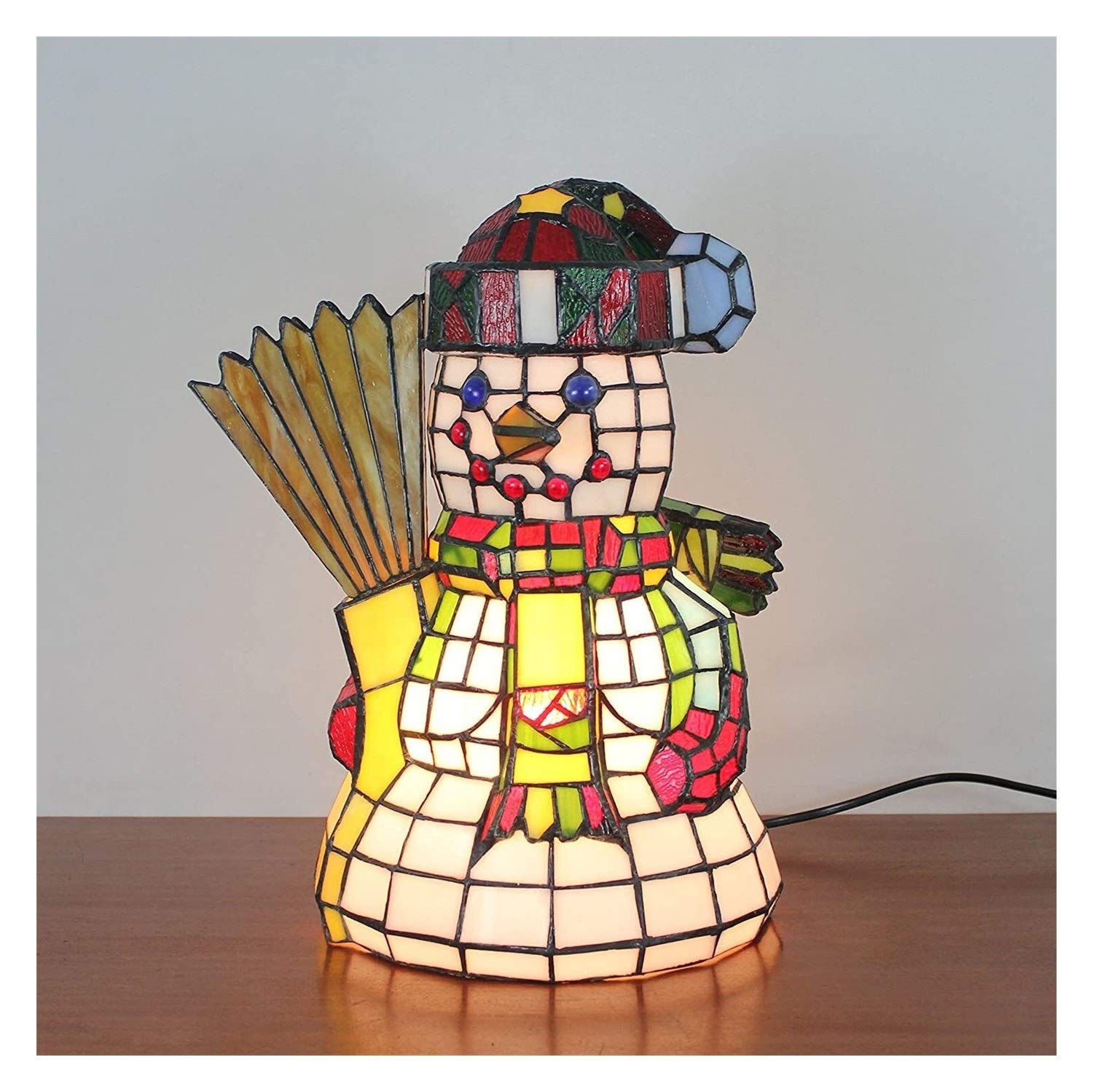 Handmade Tiffany Glass Table Lamp - Snowman with Broom Design, Christmas Night Light for Kids Room, Bedroom & Nursery Decor | Perfect Holiday Home Decoration Gift for Winter & Christmas Season
