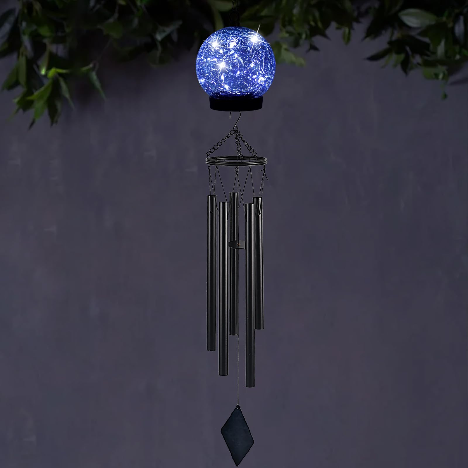 Solar-Powered Wind Chimes with 15 Blue LED Lights - 42 Inch Large Crackled Glass Ball Outdoor Decor for Garden, Yard, Patio - Perfect Sympathy Gift, Birthday Present for Women - Creates Soothing Ambiance for Relaxation & Landscape Decoration