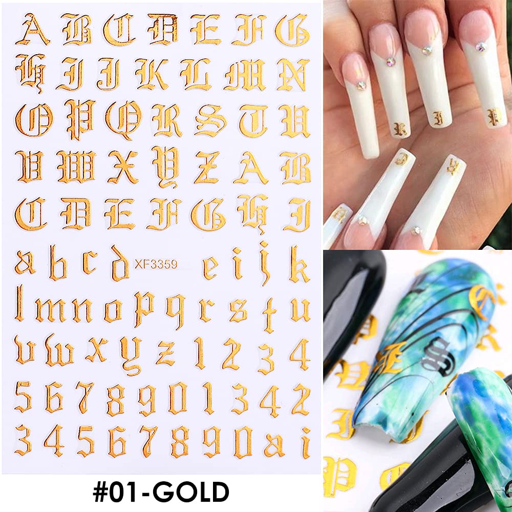 12 Sheets Holographic 3D Letter Nail Art Stickers - Old English Alphabet Laser Nail Decals, Self-Adhesive Nail Stickers for Women & Girls (English Alphabet) - Perfect for Parties, Nail Salons & DIY Manicures