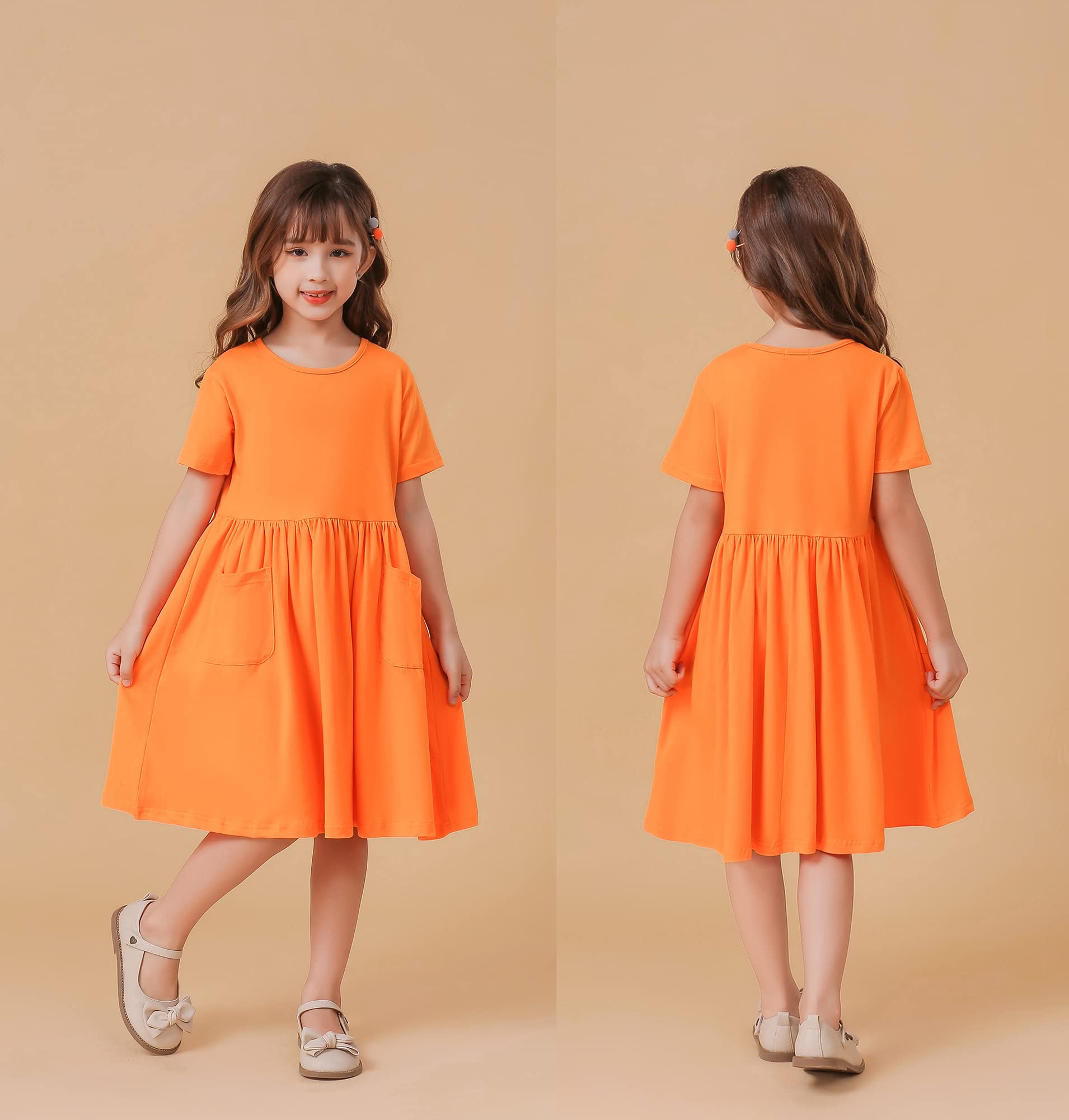 Girls Casual Short Sleeve A-Line Pleated Dress with Pockets - Solid Color Summer Dress for Kids, Playdates, School & Birthday Parties
