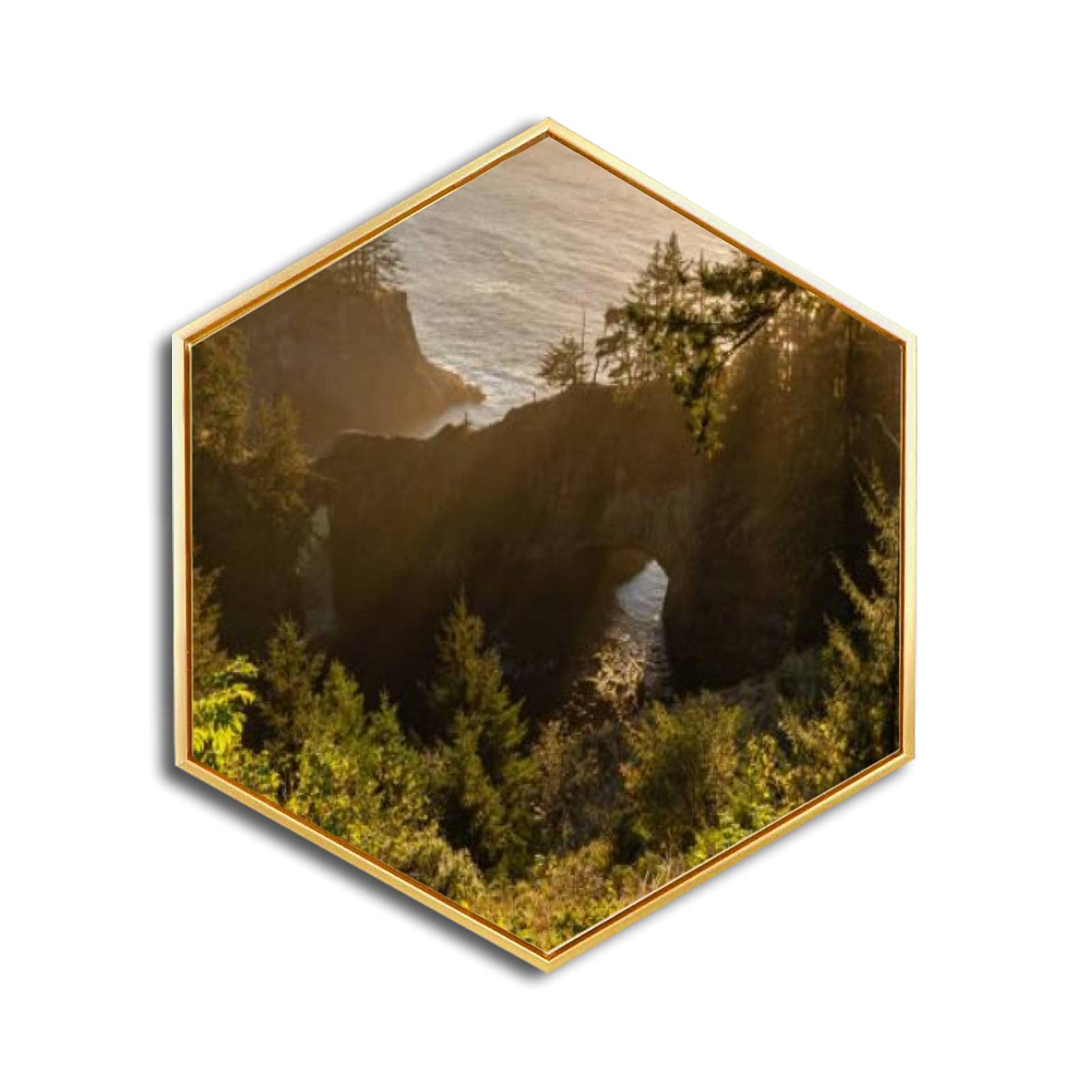 Natural Bridges Oregon Coast Canvas Wall Art - Golden Framed Giclee Print - Minimalist Modern Hexagon Wall Decor for Home & Office - Ready to Hang - Perfect for Living Room, Bedroom & Workspace Decor
