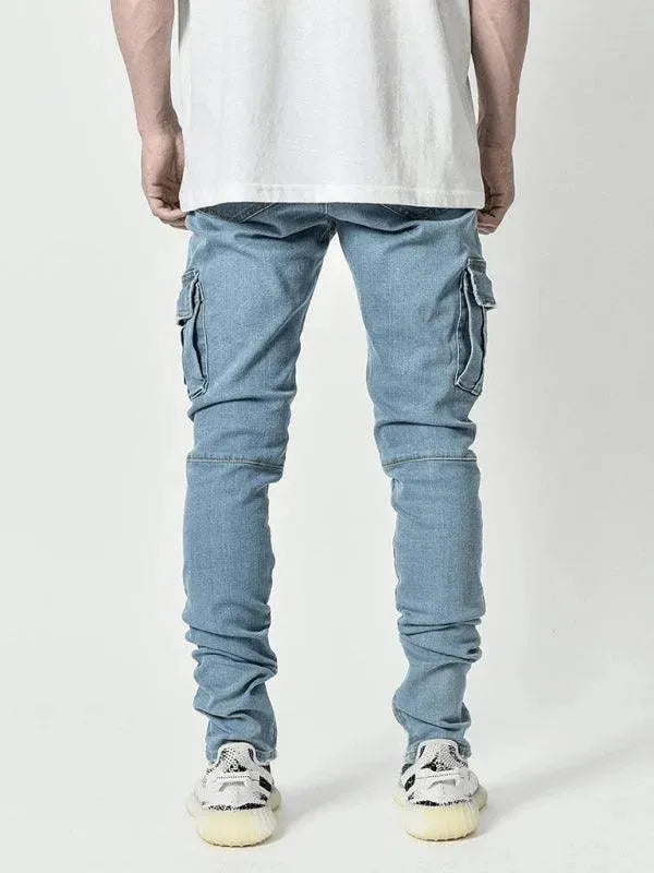 Men's Slim Fit Cargo Jeans - Stretch Denim Pants with Multiple Pockets for Outdoor, Work & Casual Wear