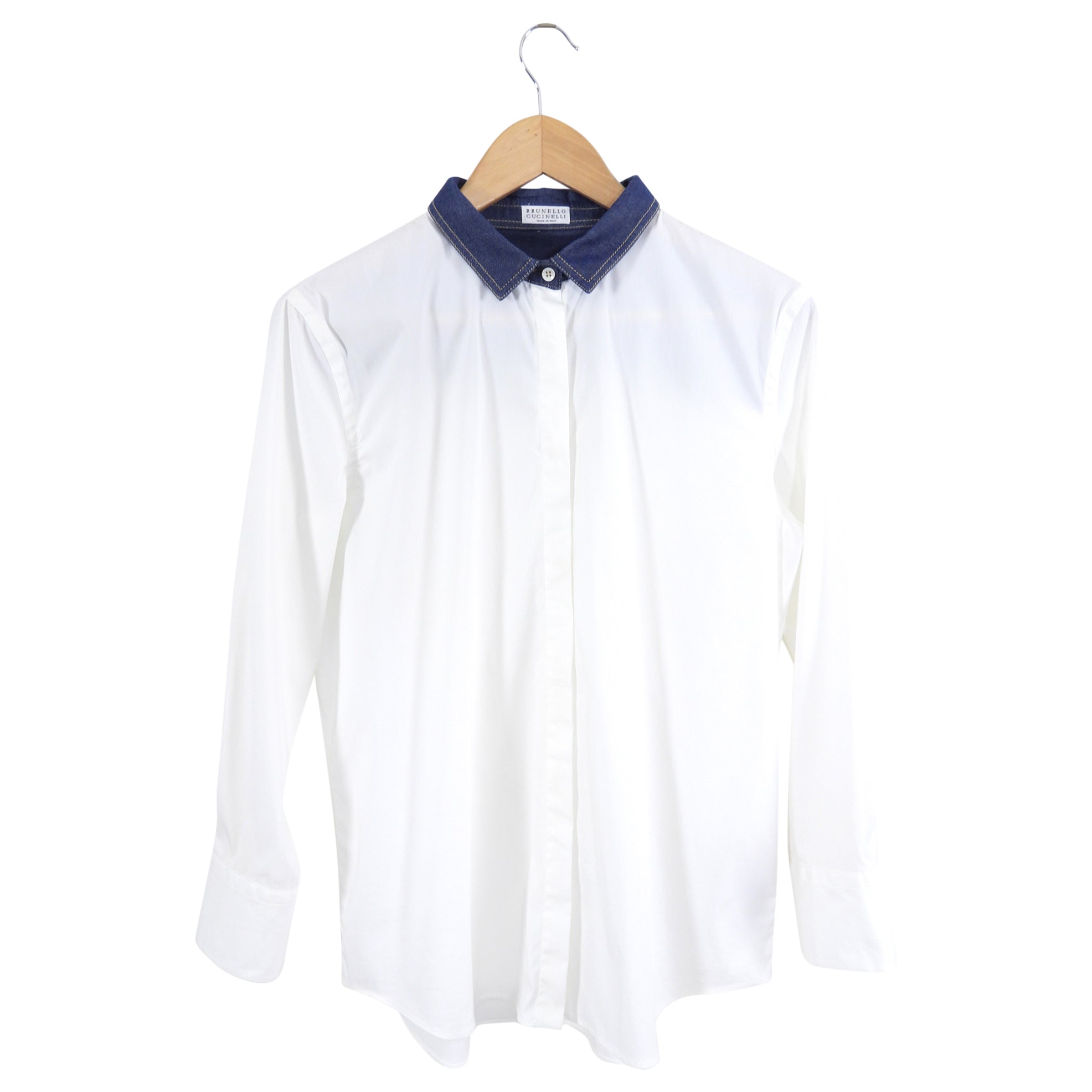 Brunello Cucinelli White Cotton Shirt with Denim Collar for Men | Premium Casual Button Down Shirt | Size M / 6 / 8 | Perfect for Office, Date Night & Summer Outfits