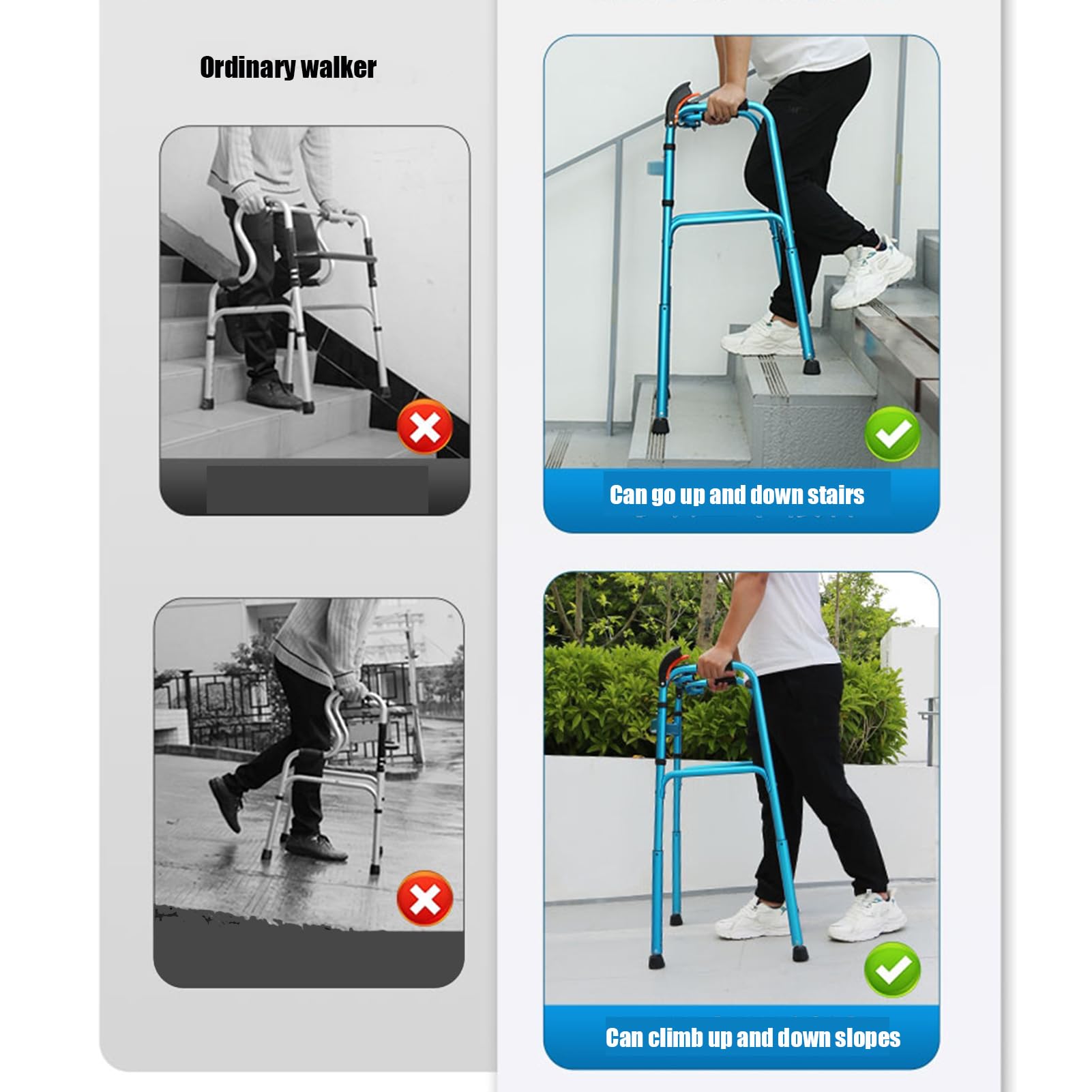 Foldable Aluminum Adult Walker with Stair Climbing Ability - Lightweight Mobility Aid for Seniors & Disabled - Ideal for Indoor/Outdoor Stairs & Daily Walking Assistance