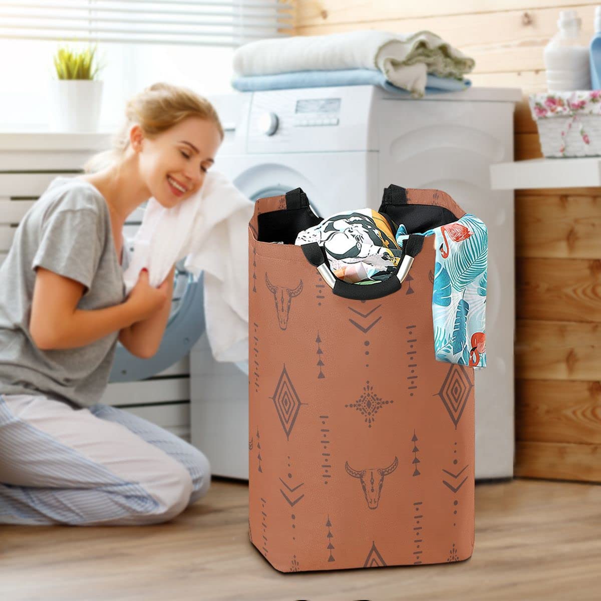 Western Bull Boho Large Collapsible Laundry Hamper Basket with Handles - Stylish Storage Bin for Clothes, Bedroom Organization & Home Decor | Perfect for Laundry Rooms, Dorm Rooms & Bohemian Bedrooms