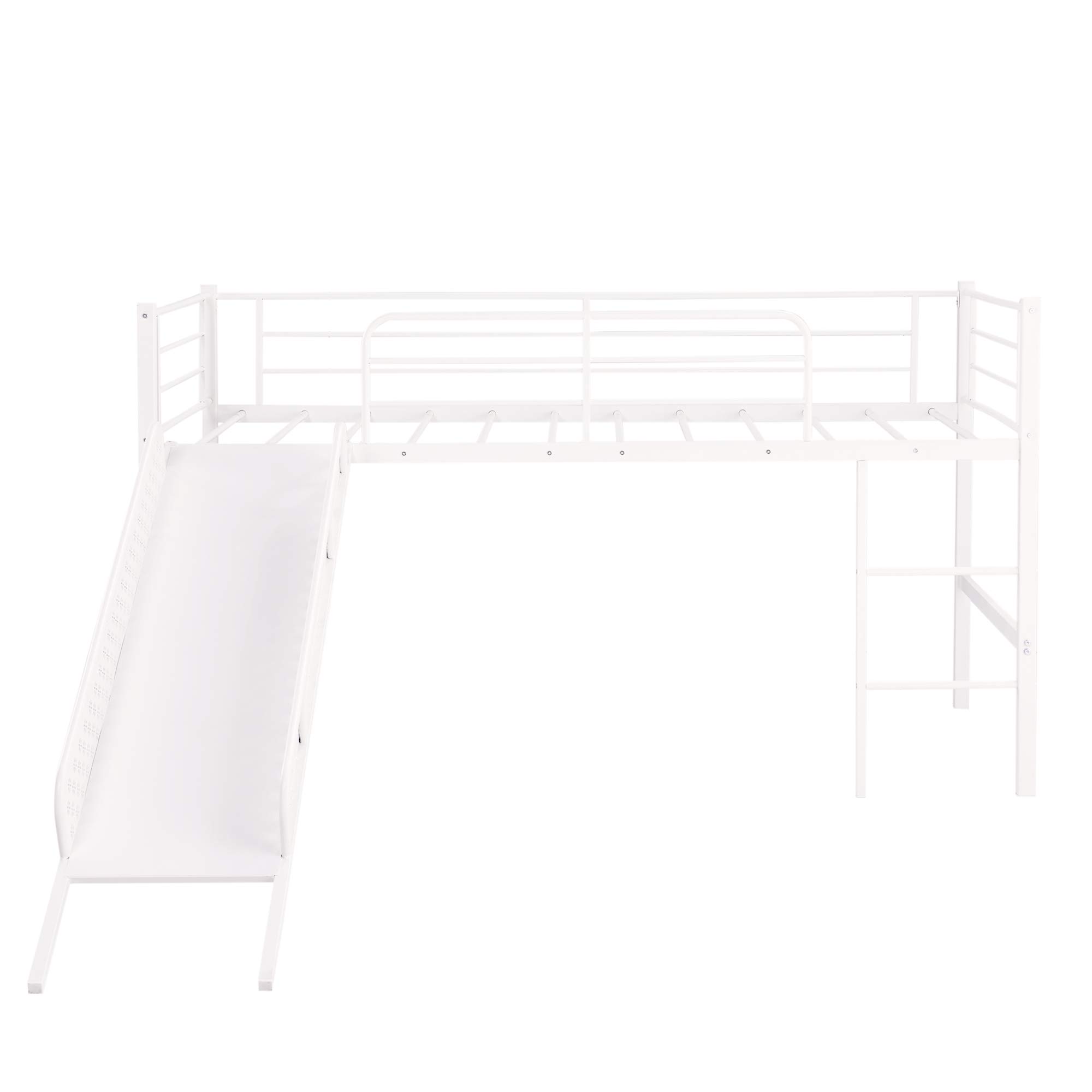 **Twin Loft Bed for Kids - Sturdy Metal Low Loft Bed with Built-in Ladder & Safety Guard Rail, Multifunctional Design with Slide, No Box Spring Required (White) - Perfect for Small Bedrooms & Playrooms**