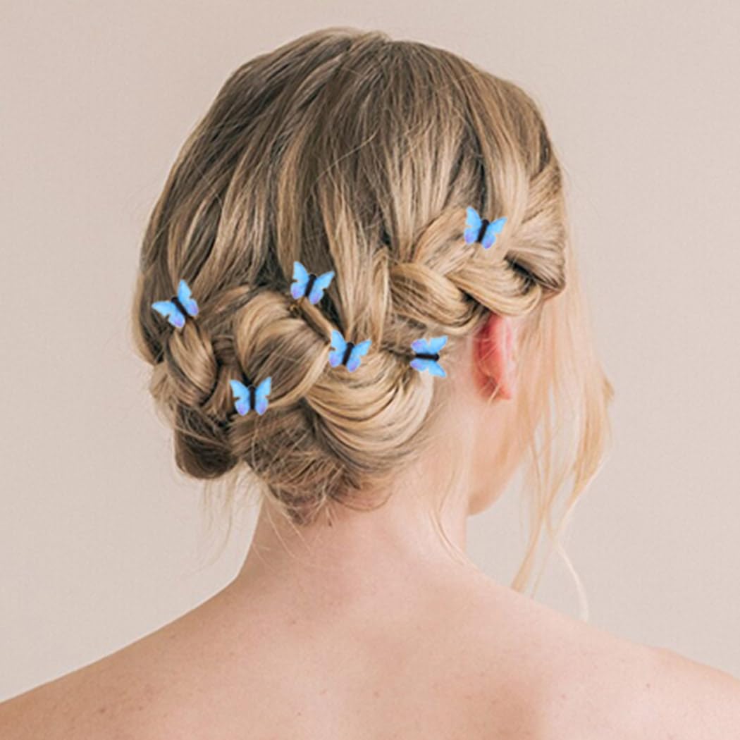 Elegant Blue Butterfly Hair Clips for Women & Girls - 6 Pack Wedding Hair Accessories, Bridal Bobby Pins, Decorative Hair Pins for Bride, Prom, Party & Special Occasions