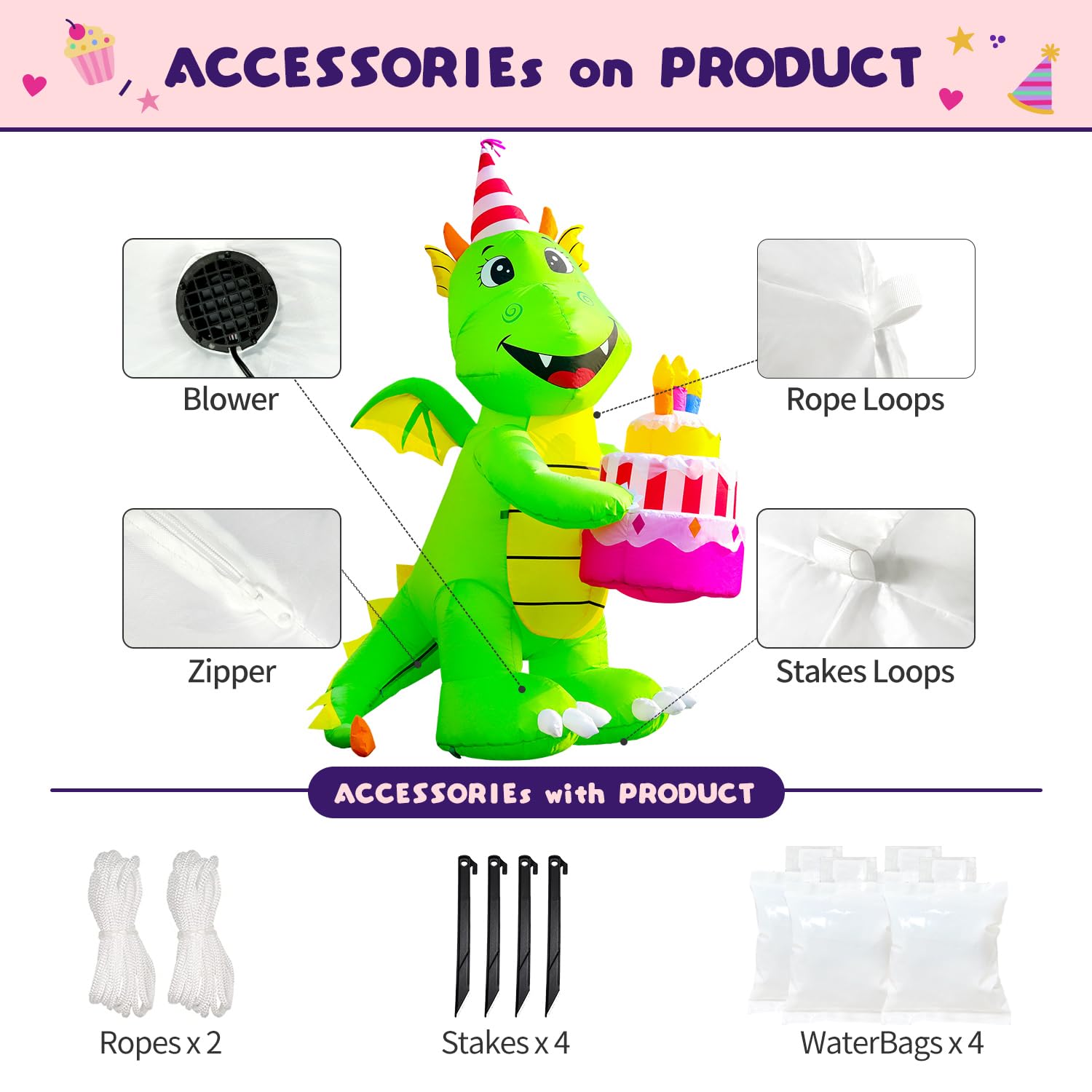 DomKom 6FT Inflatable Dinosaur Birthday Cake with Built-in LED Lights - Outdoor Indoor Party Decor for Garden, Yard, Lawn - Perfect for Birthday Celebrations, Baby Showers & Themed Events