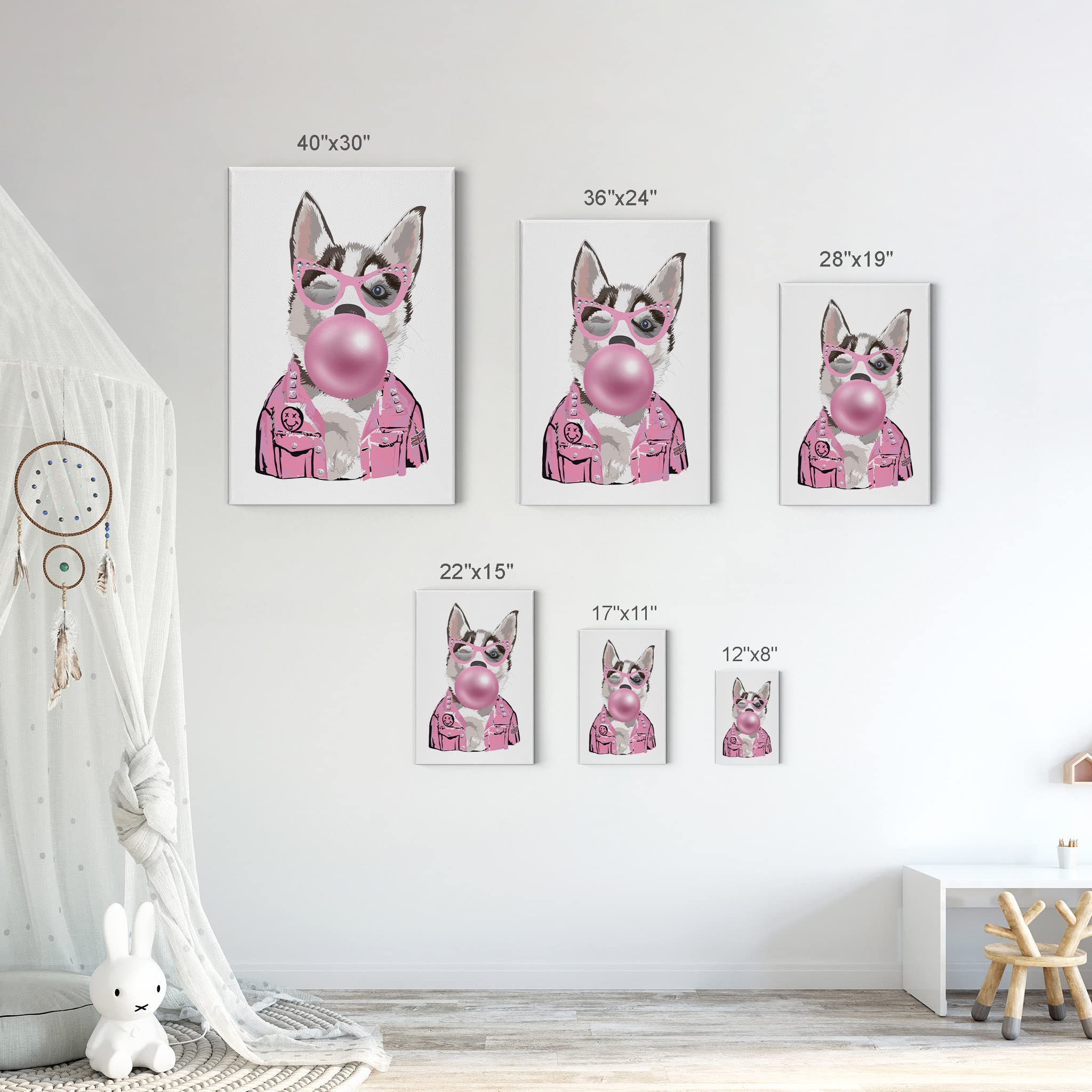 Smile Art Design Husky Dog and Cat Chewing Pink Bubble Gum - 2 Piece Canvas Wall Art Print Set (40x30 Inches) - Animal Pop Art for Living Room, Bedroom, Nursery & Kids Room Decor - Perfect for Pet Lovers & Modern Home Styling