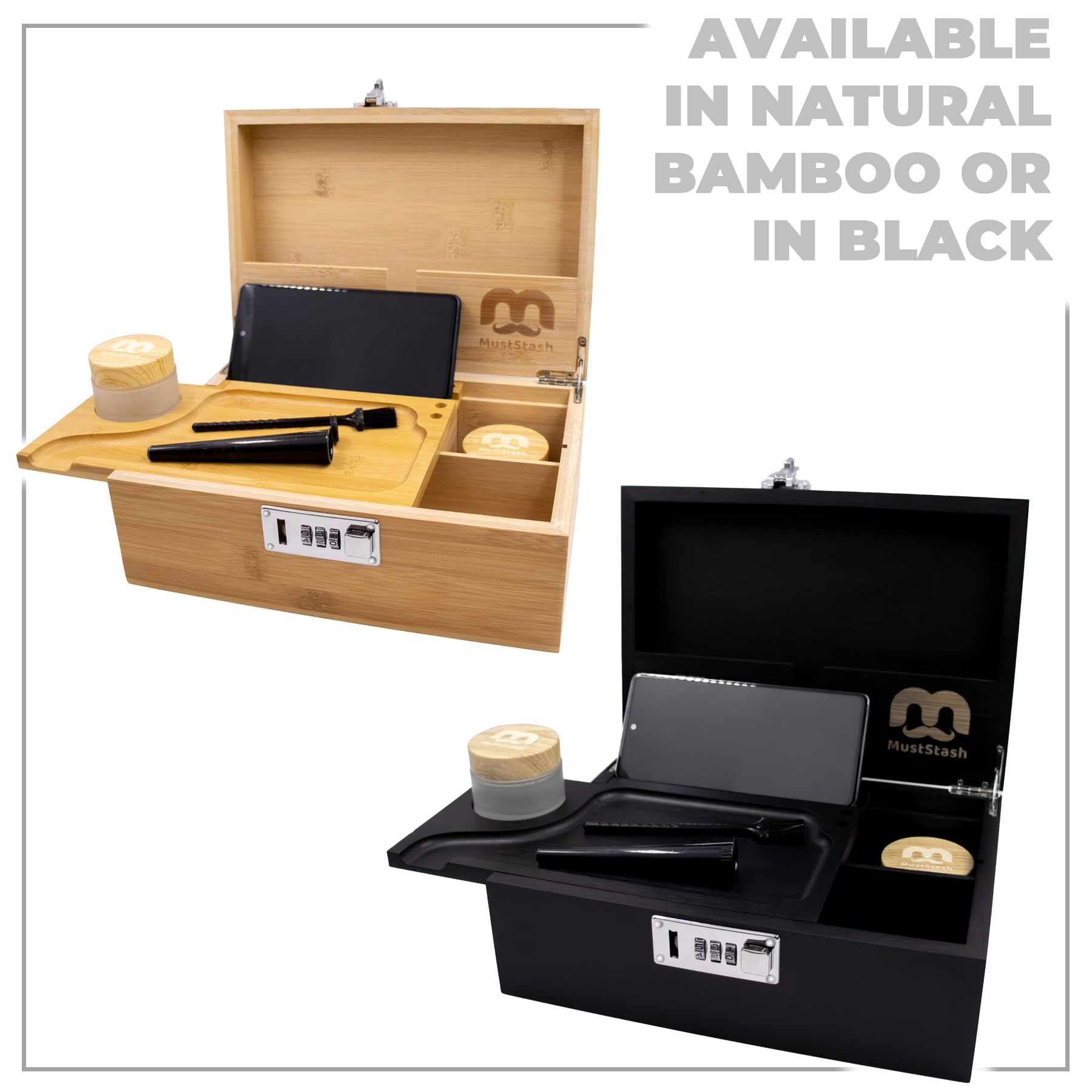 MustStash Smell-Proof UV Glass Storage Box with Lock - Bamboo Organizer for Herbs & Accessories - Home & Travel Use
