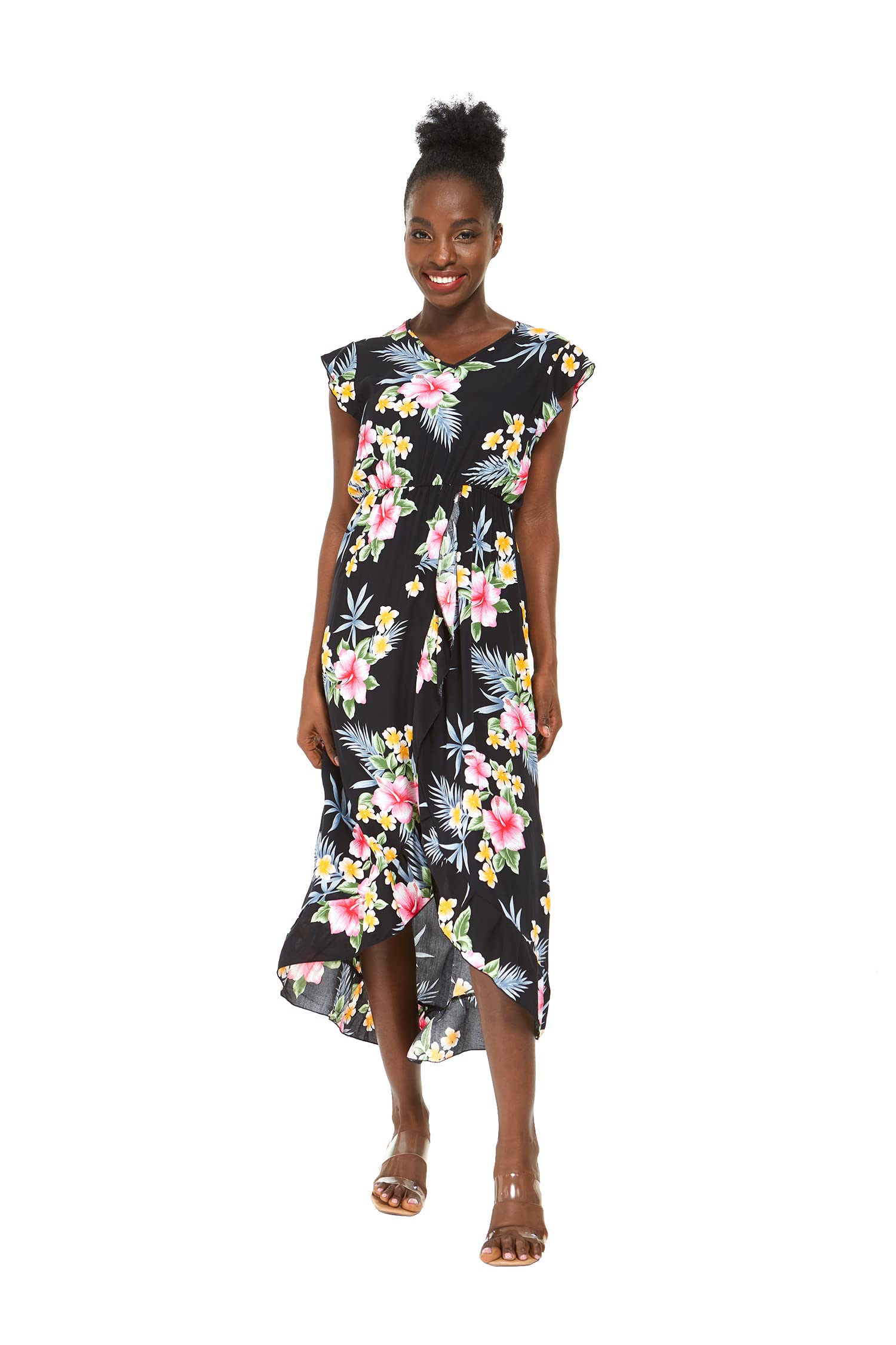 Hawaiian Luau Wrap Ruffle Dress for Women - Floral Hibiscus Vine Print - Beach Party, Summer Vacation & Tropical Themed Events