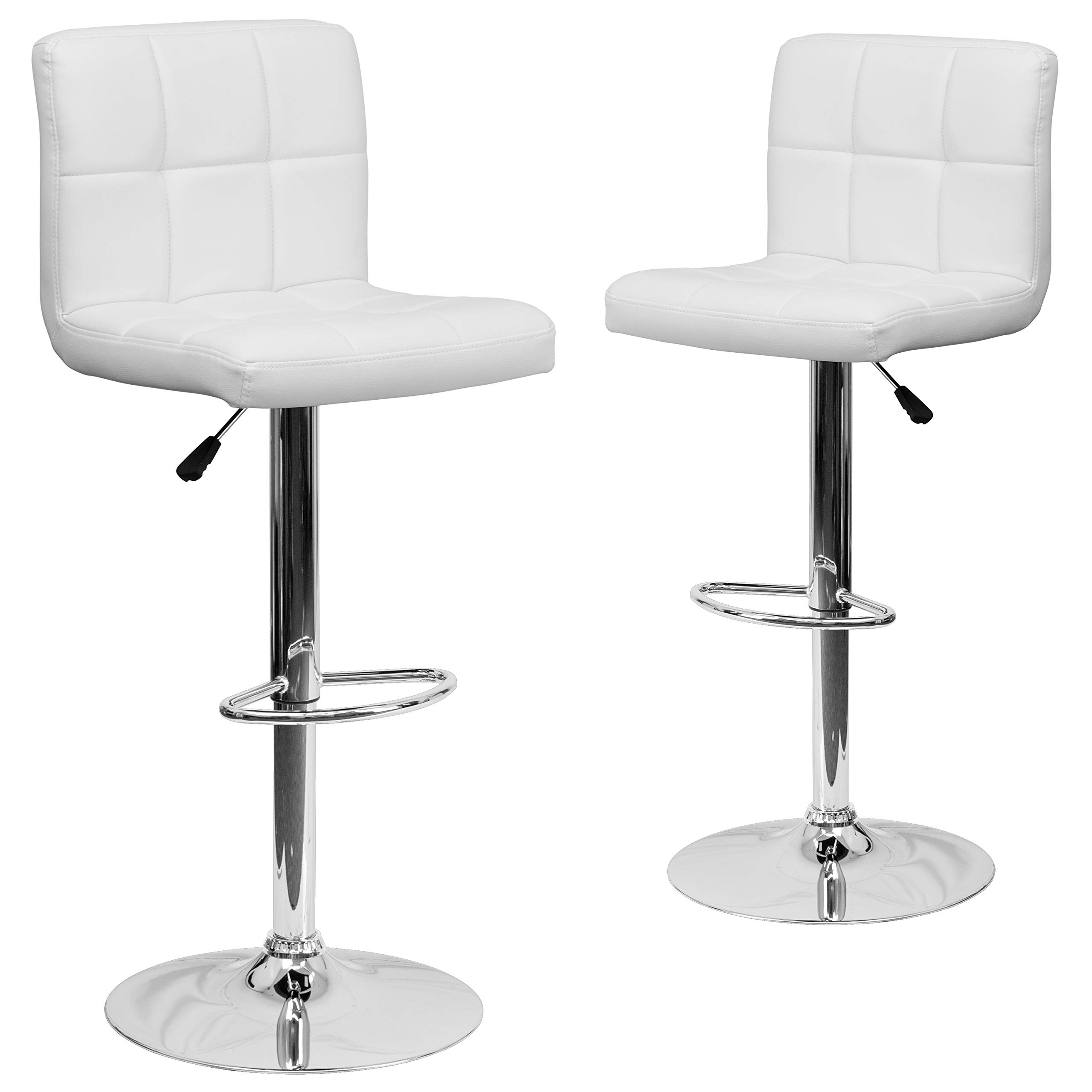 Flash Furniture Alexandra 2-Pack Contemporary White Quilted Vinyl Adjustable Height Bar Stools with Chrome Base - Perfect for Kitchen Islands, Breakfast Bars & Home Bars