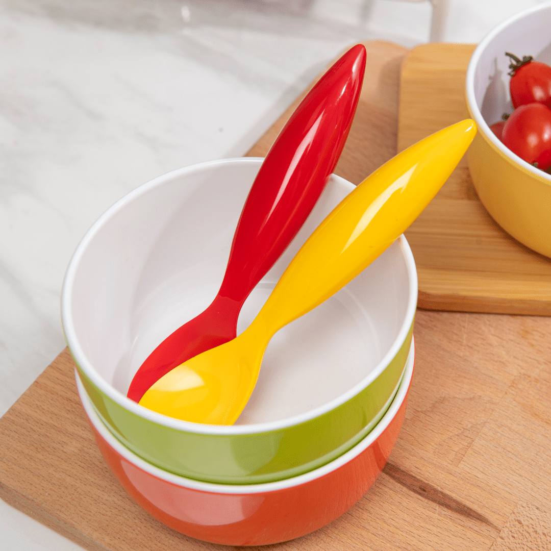 Bzyoo ColorPop Melamine Spoon Set – 6 Vibrant Colorful Plastic Spoons for Kitchen, Picnic, Camping & Outdoor Dining