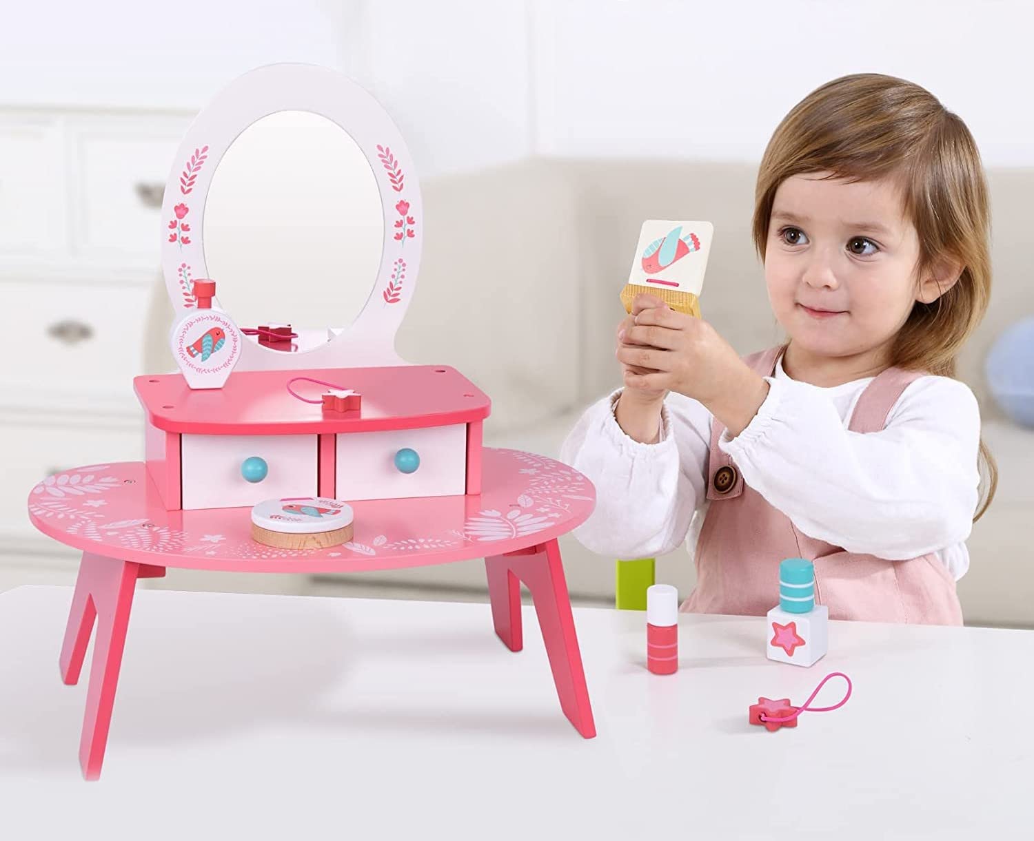 Tookyland Princess Vanity Toy Set for Toddlers - Wooden Makeup Table with Mirror & Accessories for Girls' Pretend Play