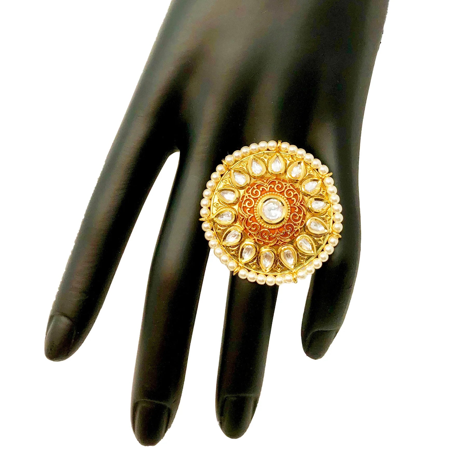 Adjustable Gold Plated Kundan Ring for Women - Elegant Indian Jewelry for Parties, Weddings & Special Occasions (D7)