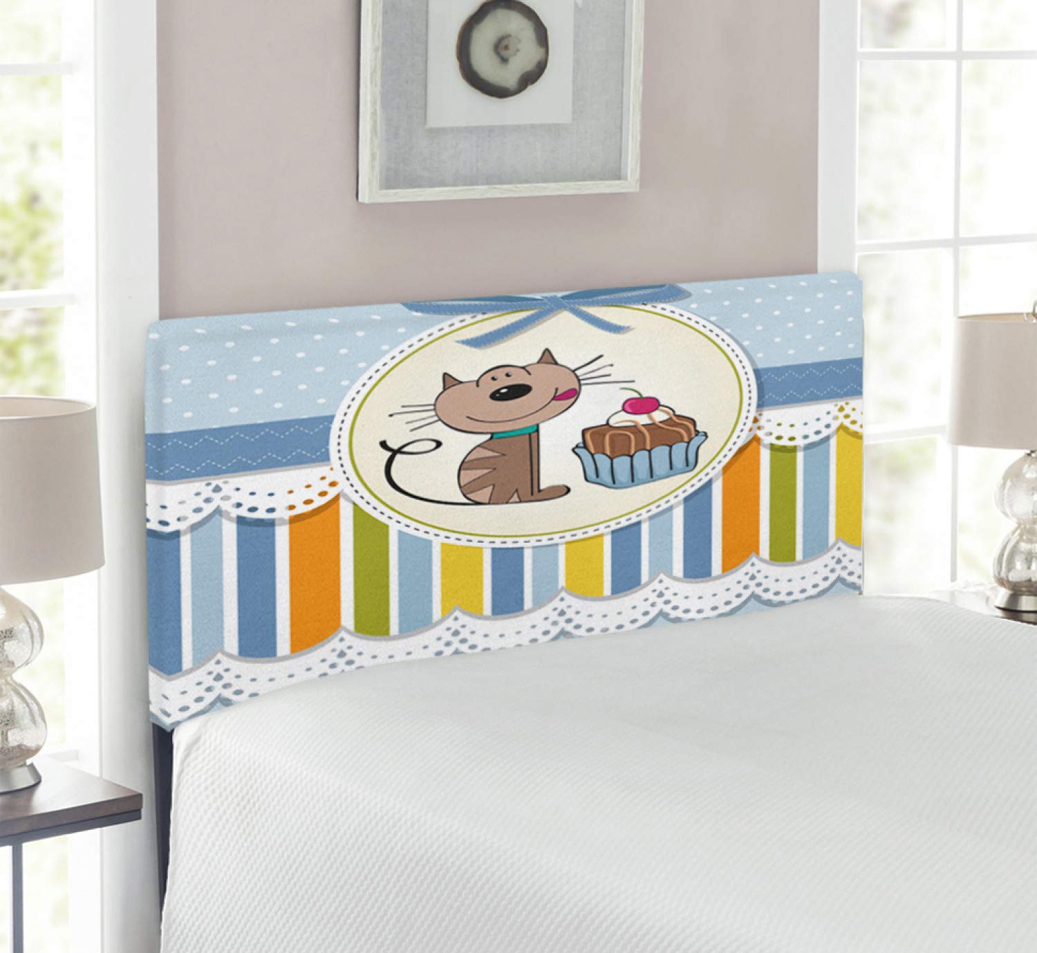 Ambesonne Twin Size Upholstered Decorative Metal Headboard with Memory Foam - Birthday Party Design Featuring Chocolate Cake & Kitten Theme in Pale Blue & White | Perfect for Kids' Bedrooms, Birthday Decor & Themed Bedroom Makeovers