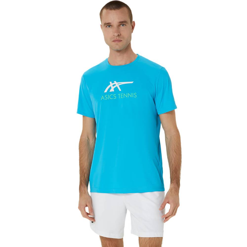 ASICS Men's Graphic Tennis T-Shirt - Moisture-Wicking Performance Tee for Pickleball & Court Sports (Digital Aqua/White) | Breathable Athletic Top for Training & Casual Wear