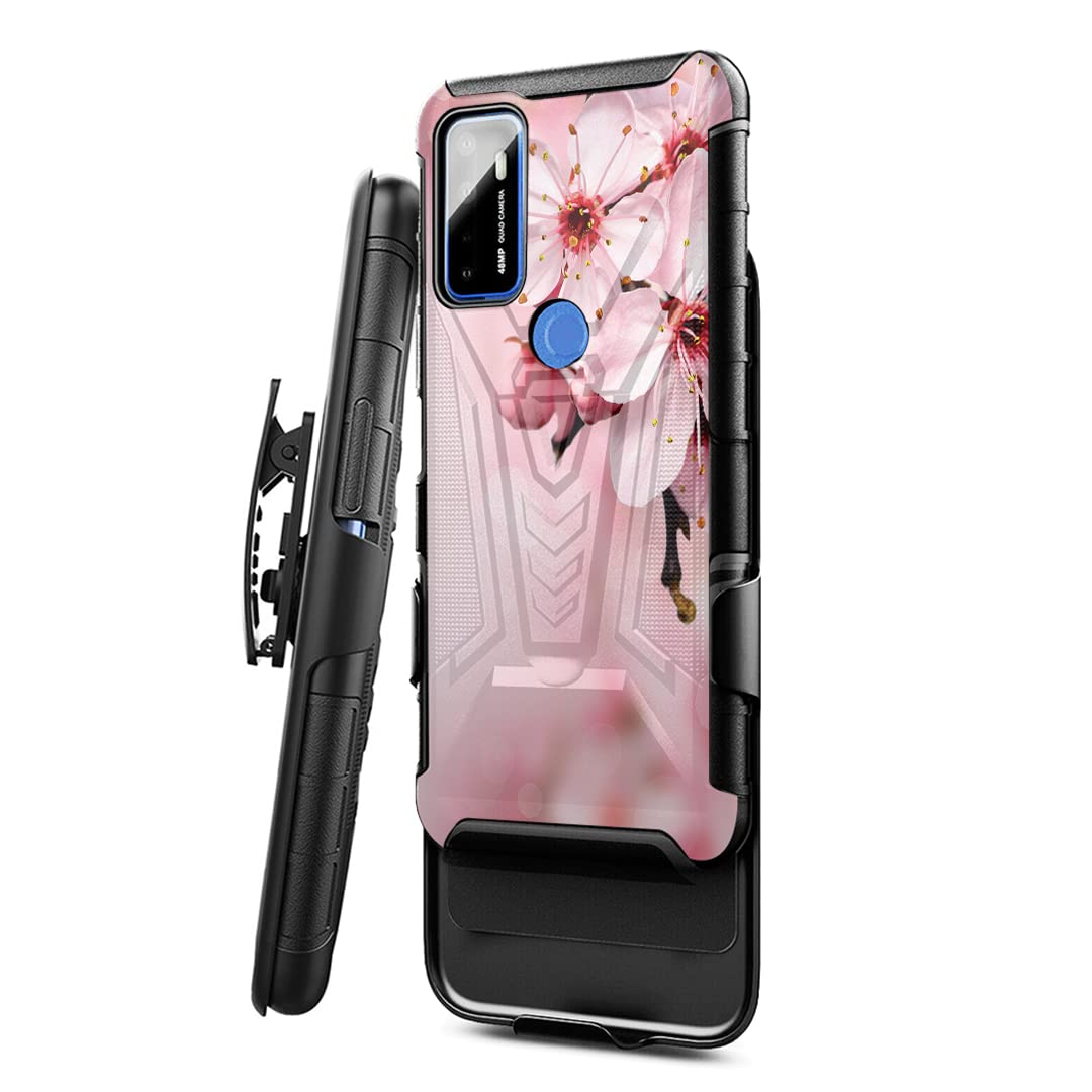 Military Shockproof Phone Case Compatible with Cricket Dream 5G & AT&T Radiant Max 5G - Heavy Duty Kickstand Belt Clip Holster Cover (Black/Cherry Blossom) | Perfect for Outdoor Activities, Work & Travel Protection