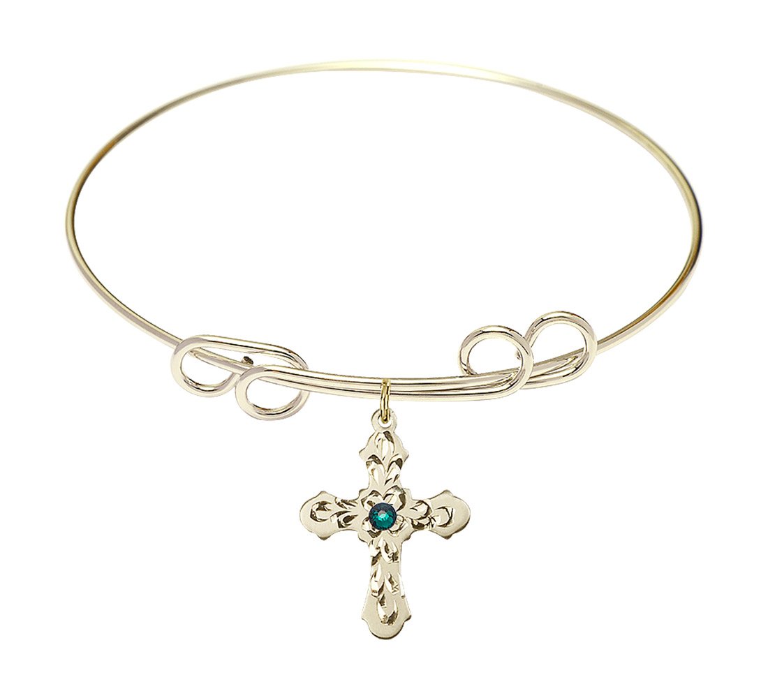 8 Inch Round Double Loop Bangle Bracelet with Cross Charm & May Green Crystal - Elegant Religious Jewelry for Women, Perfect for Church, Weddings & Everyday Wear