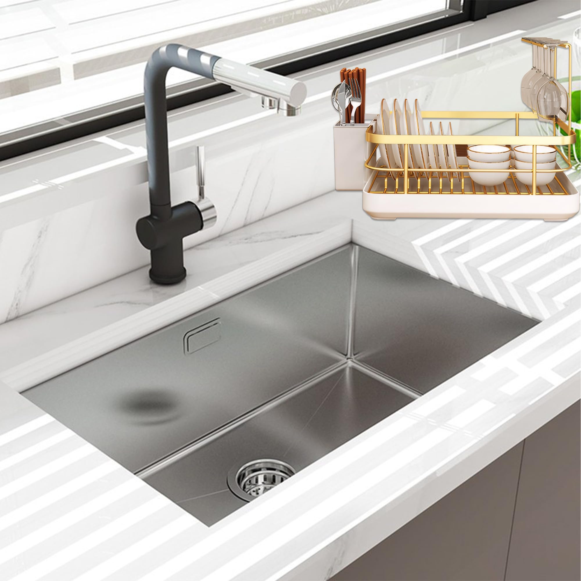 2024 Premium Dish Drying Rack - 3-in-1 Space Saving Kitchen Organizer with Utensil Holder & Wine Glass Rack | Sturdy Countertop Drying Station for Dishes, Cups & Cutlery | Perfect for Small Kitchens, Apartments & RV Use