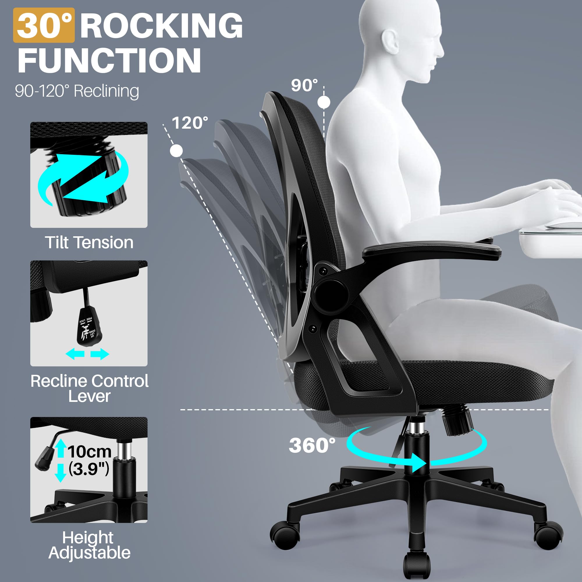 FelixKing Ergonomic Office Chair - Breathable Mesh Desk Chair with Wheels, Lumbar Support & Flip-Up Armrests - Adjustable Swivel Computer Chair for Home & Office Use (Black) | Perfect for Long Work Hours, Gaming & Remote Work