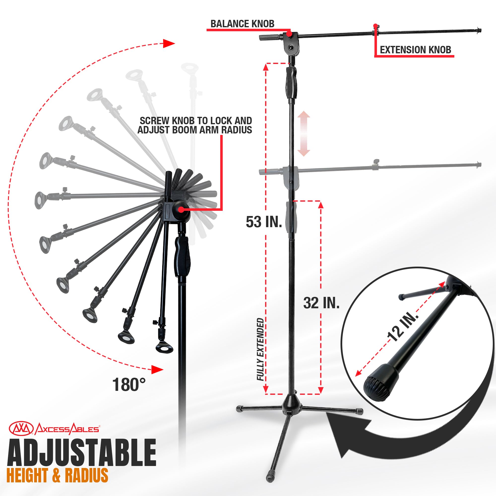 AXCMS-201TB One-Handed Microphone Stand with Tripod Base & Quick Height Adjustment - Telescoping Boom Arm Included (2-Pack) | Professional Mic Stand for Singing, Podcasting & Live Performances | Home Studio & Stage Use