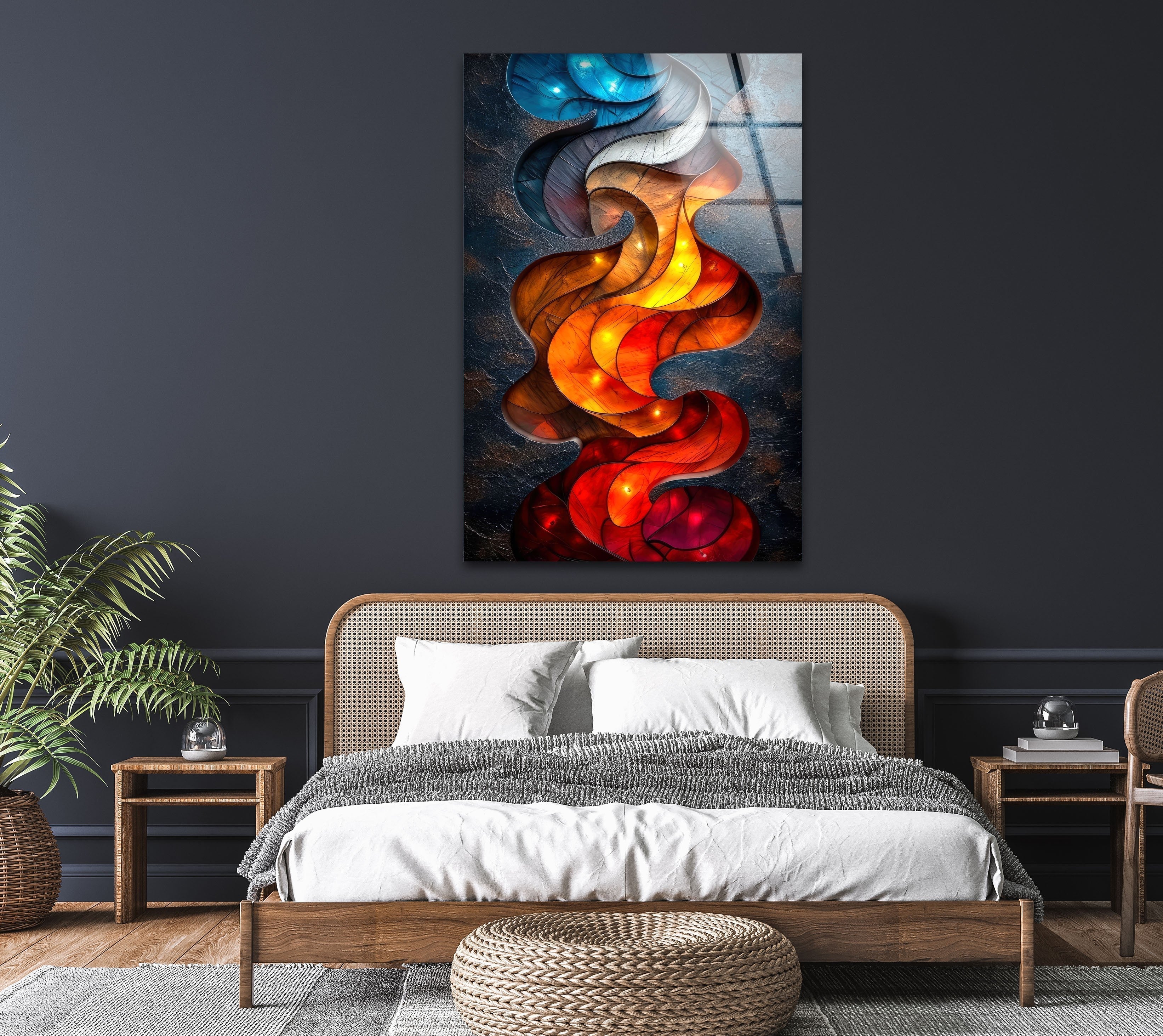 Blue & Red Design Glass Wall Art - Modern Handmade Decorative Panel for Living Room, Bedroom, or Office - Perfect for Home & Interior Decor